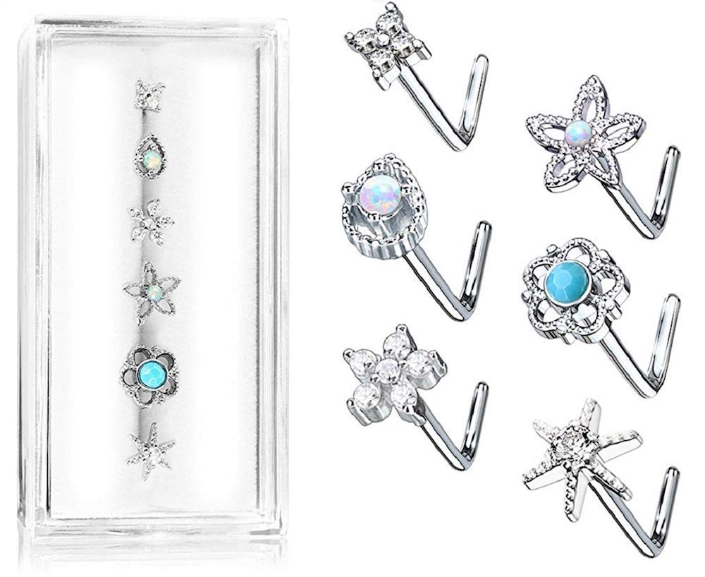 6-Piece 316L Surgical Steel Pre-Loaded L Bend Nose Stud Rings with Gemstones – Hypoallergenic Body Jewelry for Piercings – Perfect for Everyday Wear, Parties & Gifts