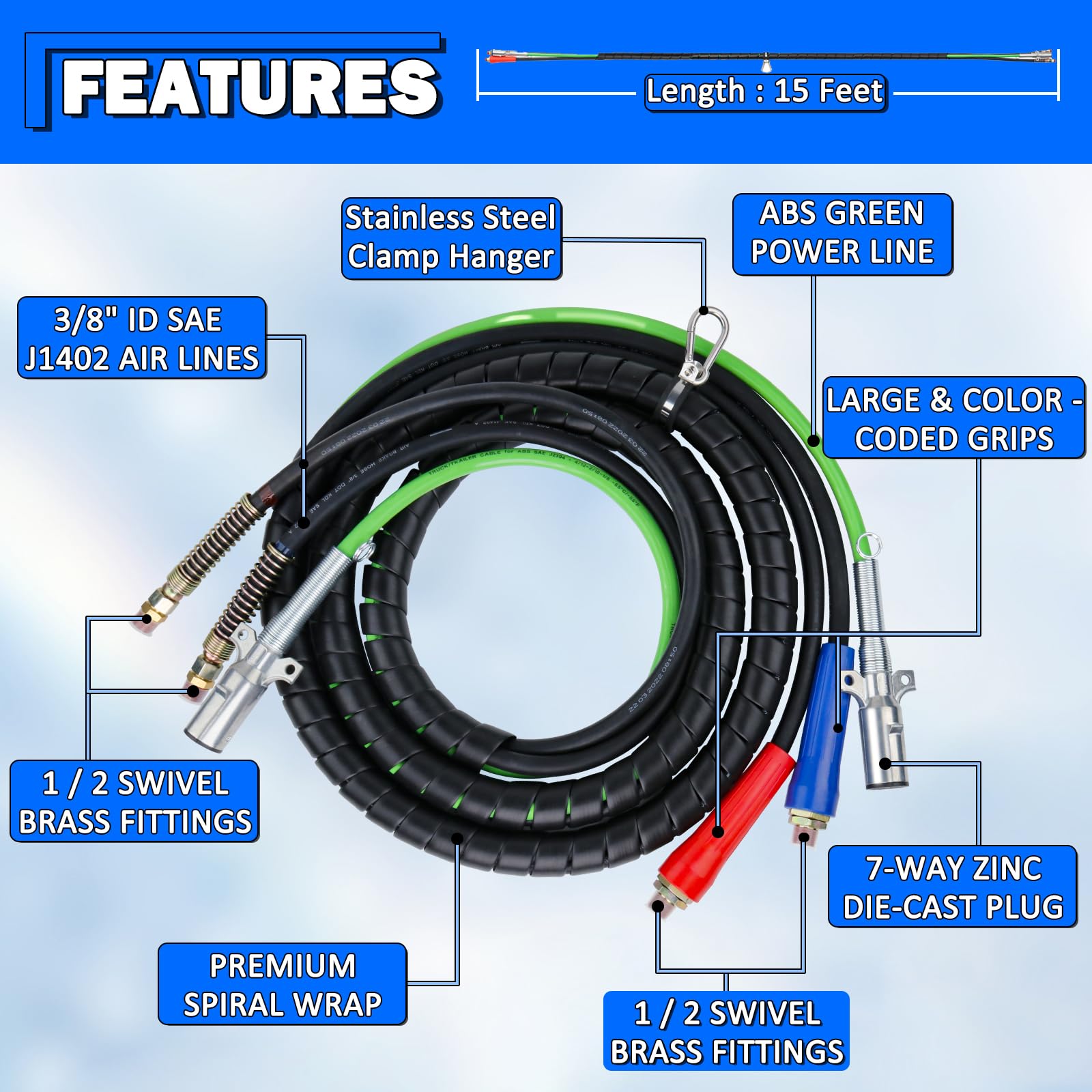12ft 3-in-1 ABS Air Brake Lines for Freightliner Tractor Trailers - Heavy Duty Glad Hand Air Hose for Trucking & Commercial Vehicles - Ideal for Long Haul Transport & Emergency Repairs