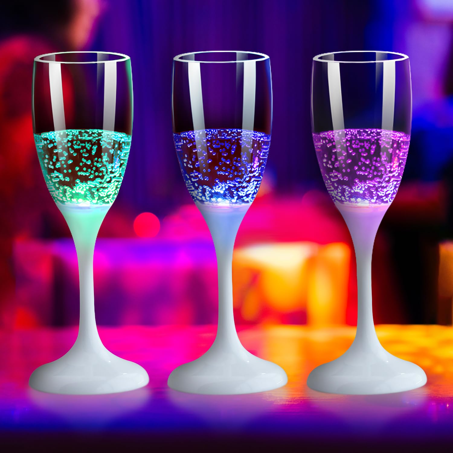 Glow in the Dark LED Light Up Plastic Champagne Flutes - Set of 6 Colorful Party Drinking Glasses for Adults | Perfect for Birthday Celebrations, Christmas Parties, Halloween Events & Wedding Receptions | Reusable Glowing Cups for Cocktails, Wine & Sparkling Beverages