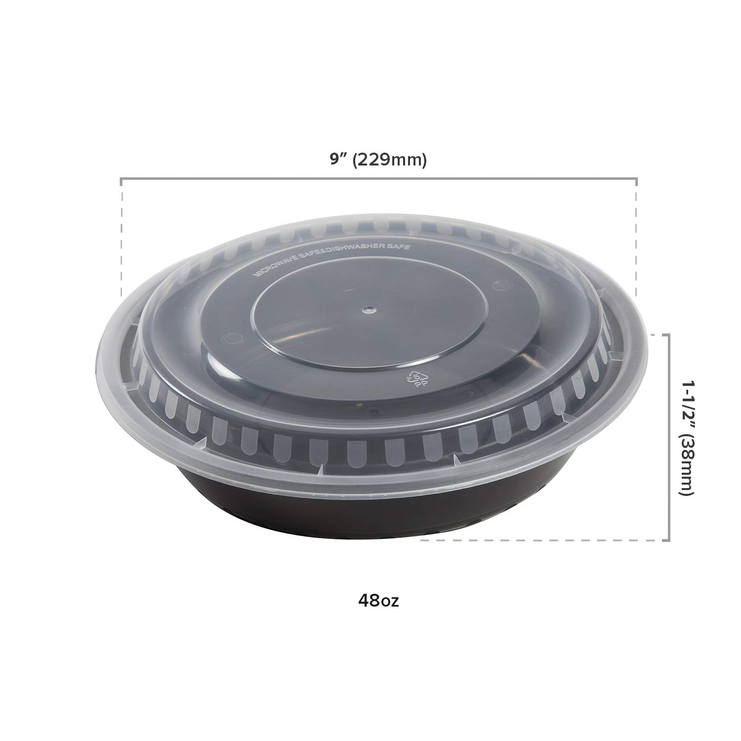 AmerCare 9-Inch Round Black Plastic Food Storage Containers with Lids - 48oz Microwave & Freezer Safe - 150-Pack for Meal Prep, Leftovers & Bulk Food Storage