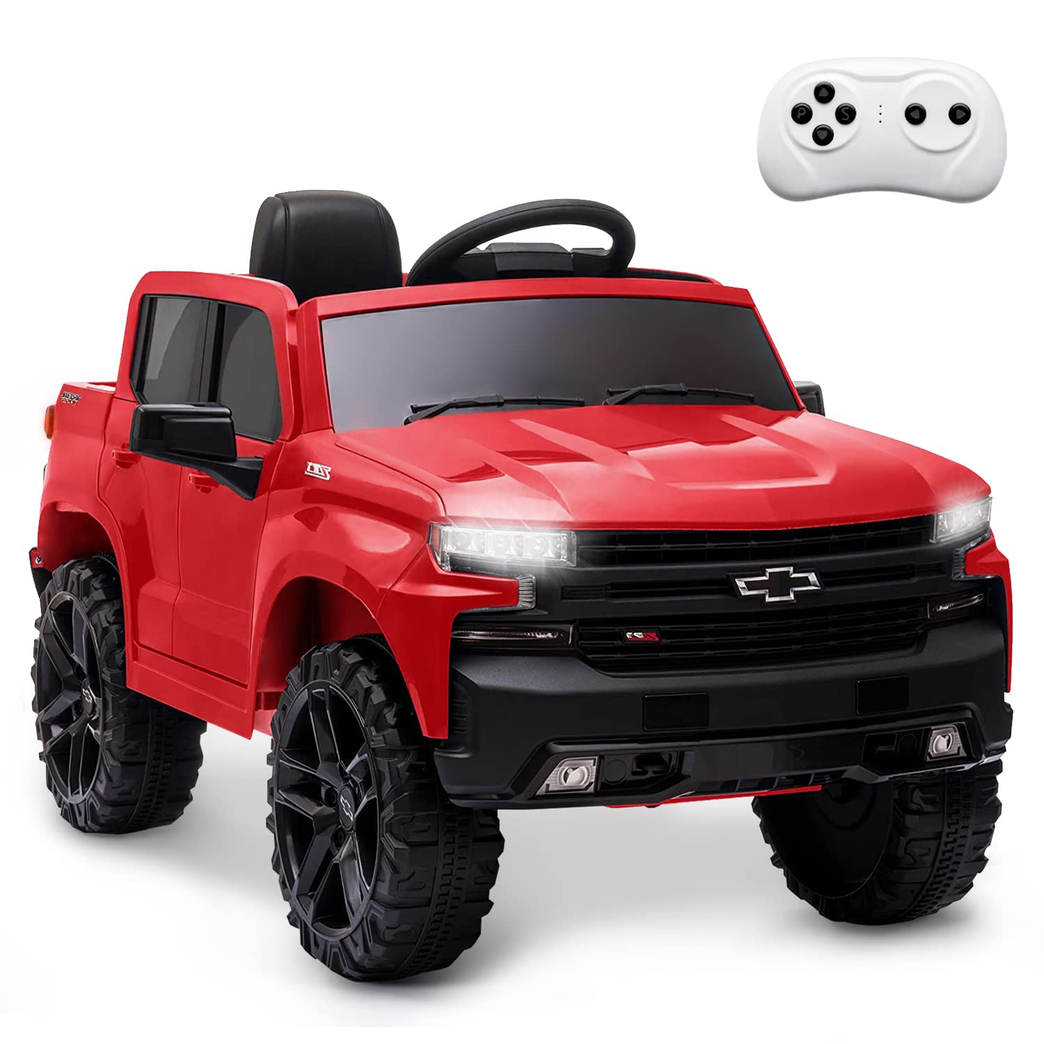 12V Battery Powered Chevrolet Silverado Electric Ride On Truck for Kids - Remote Control, LED Lights, 3 Speeds, Spring Suspension, MP3 & Horn | Perfect for Birthday Gifts, Outdoor Play & Family Fun (Red)