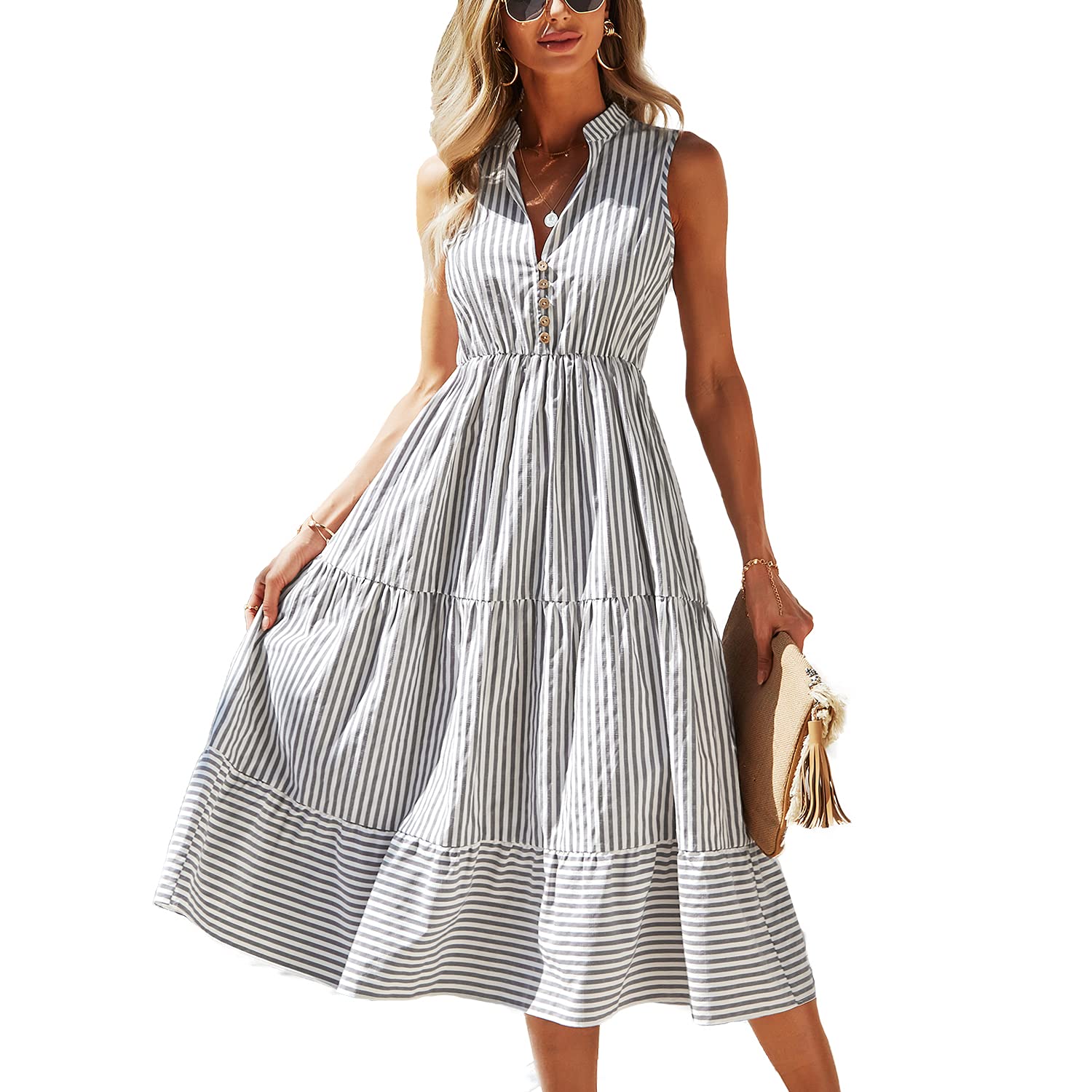 BROVAVE Women's 2025 Summer Sleeveless Striped V-Neck Collar Shirt Dress - Casual Midi Dress for Beach, Office & Date Night