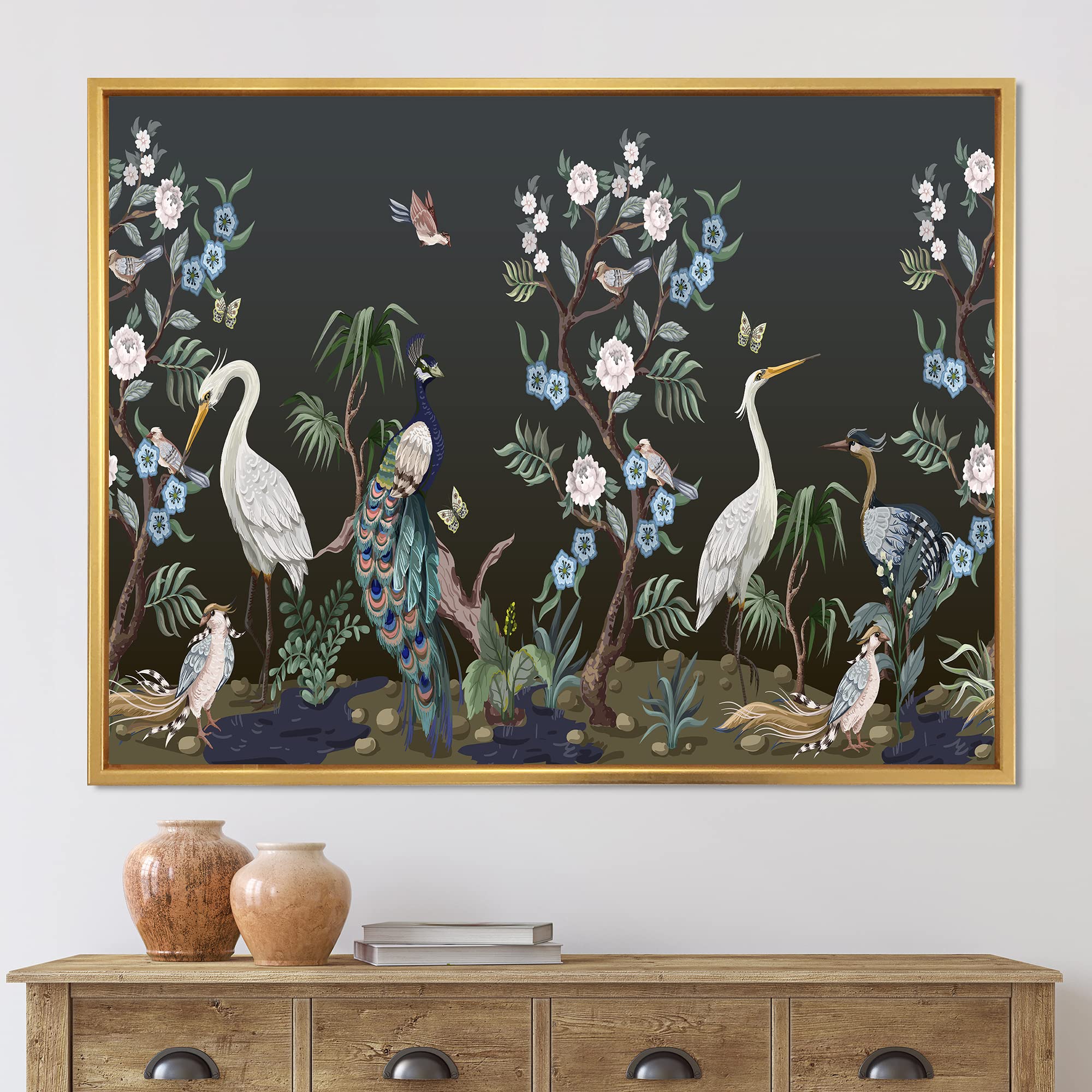 DesignQ Chinoiserie With Birds and Peonies IV - Traditional Framed Canvas Wall Art Print - Home Decor for Living Room, Bedroom & Office