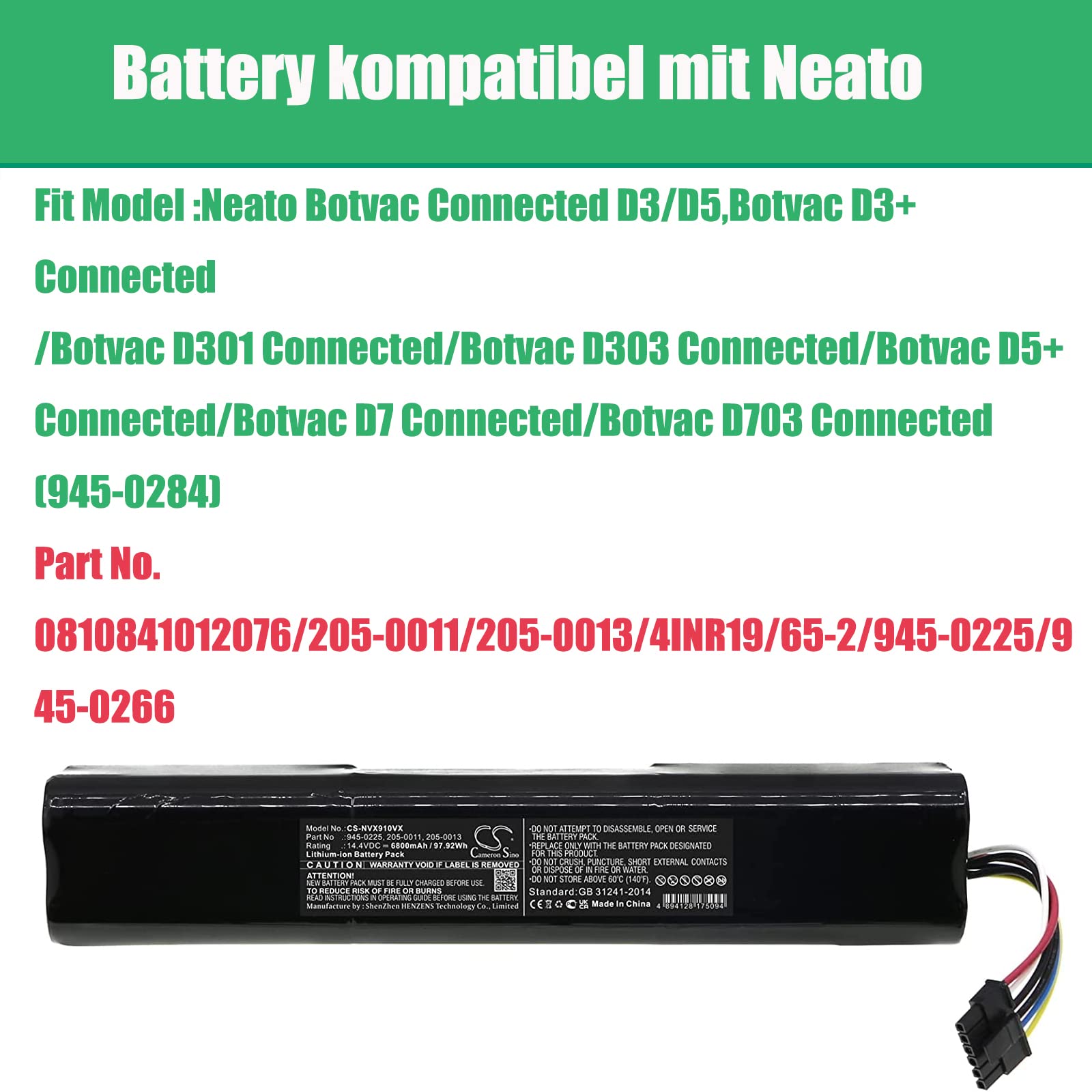 14.4V 6800mAh Replacement Battery for Neato Botvac Connected, D3, D4, D5, D6, D7, D5+, D3+, D705, D6 Connected, D703, D503, D5 Connected (Compatible with P.N. 905-0358, 945-0225, 945-0266) - Long-Lasting Power for Efficient Robot Vacuum Cleaning