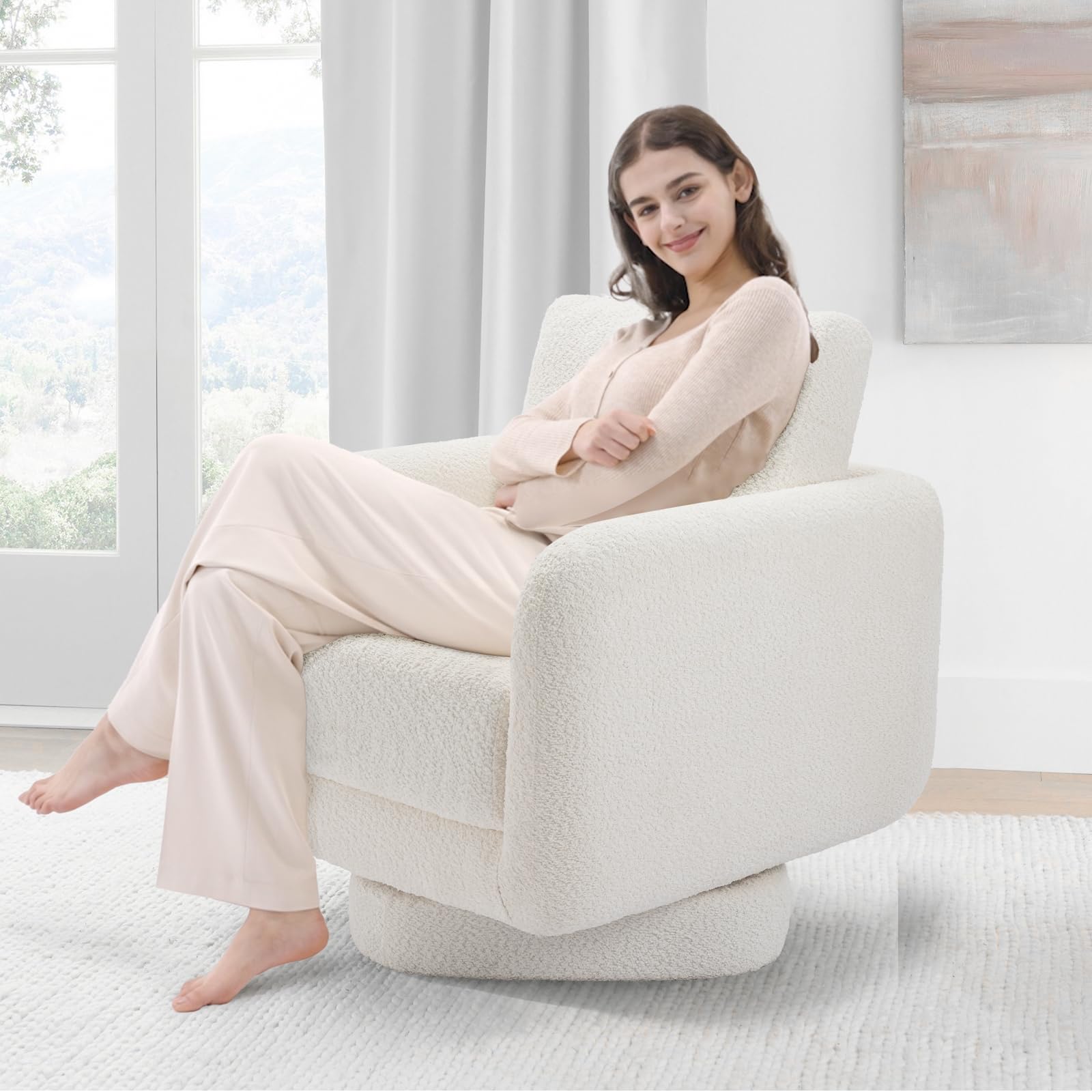 COLAMY 32-Inch Wide Swivel Accent Chair with Plush Back Pillow - Modern Upholstered Armchair for Living Room, Nursery & Bedroom - White | Perfect for Small Spaces, Reading Nooks & Cozy Corners