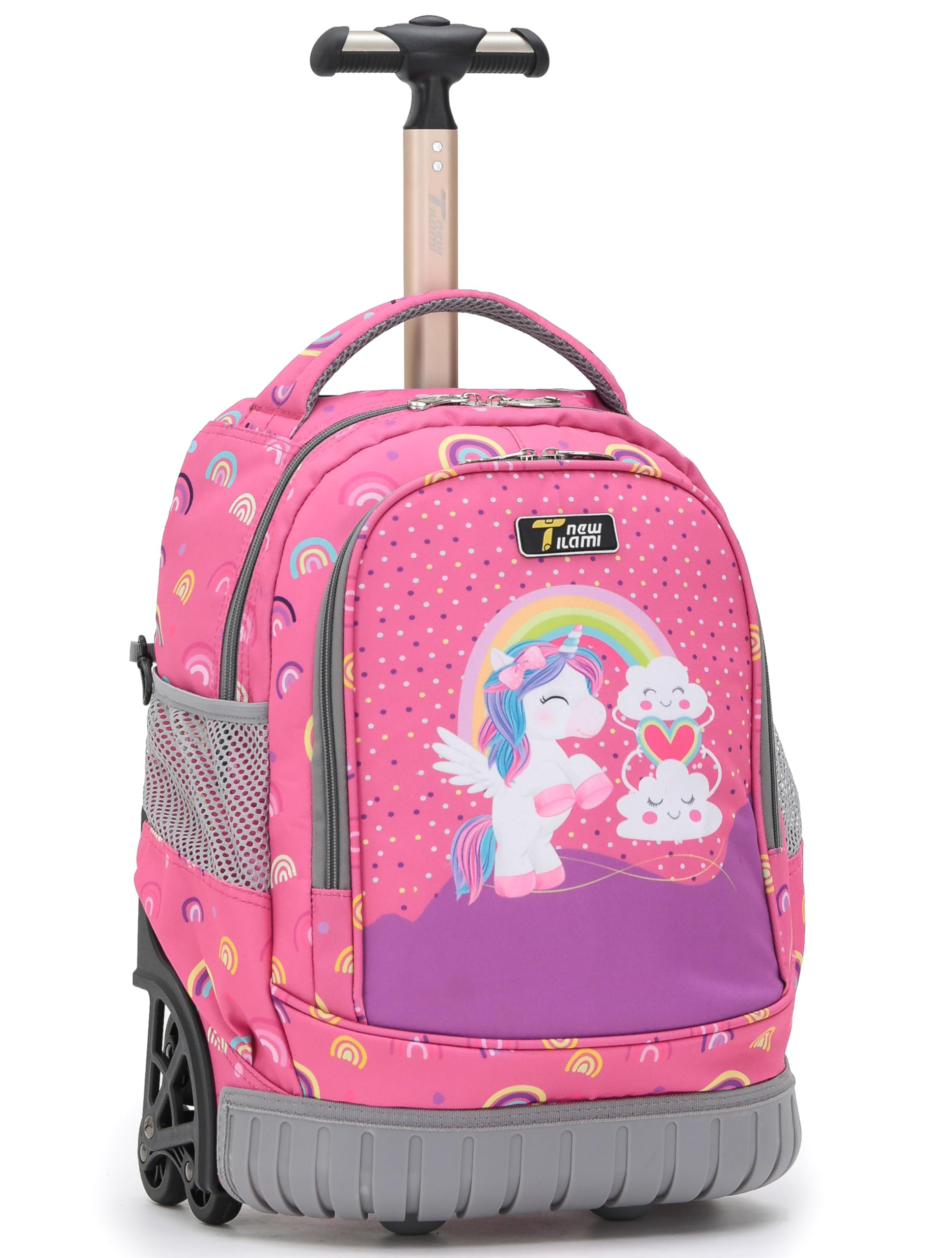 TILAMI 16 Inch Rolling Backpack for Kids - Adjustable Wheeled Laptop Backpack for Boys & Girls, School, Travel, Camping - Rainbow Unicorn Design | Perfect for Daily Commute, Weekend Trips & Outdoor Adventures
