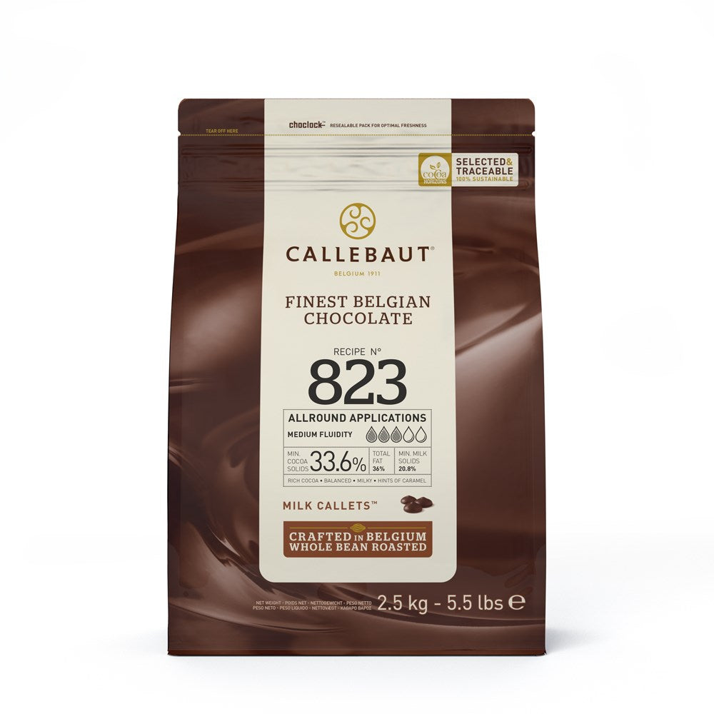 Premium Callebaut 823 Milk Couvert Callets 2.5kg (5.5 lb) - 33% Cocoa Chocolate for Baking, Desserts & Professional Use