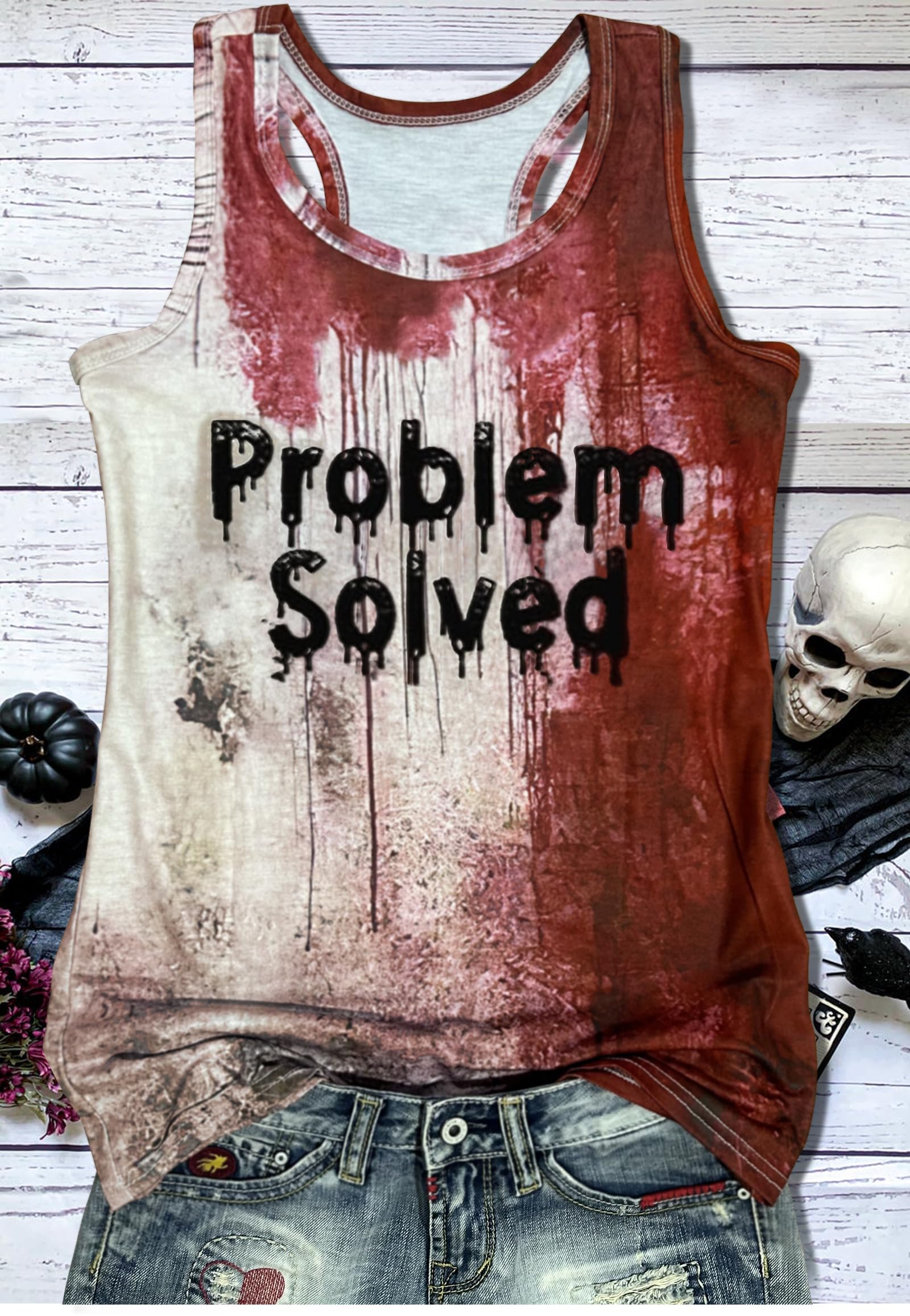 Women's Halloween Racerback Tank Tops with Bloody Splatter Graphic - Spooky Casual Shirts for Halloween Parties & Costume Events