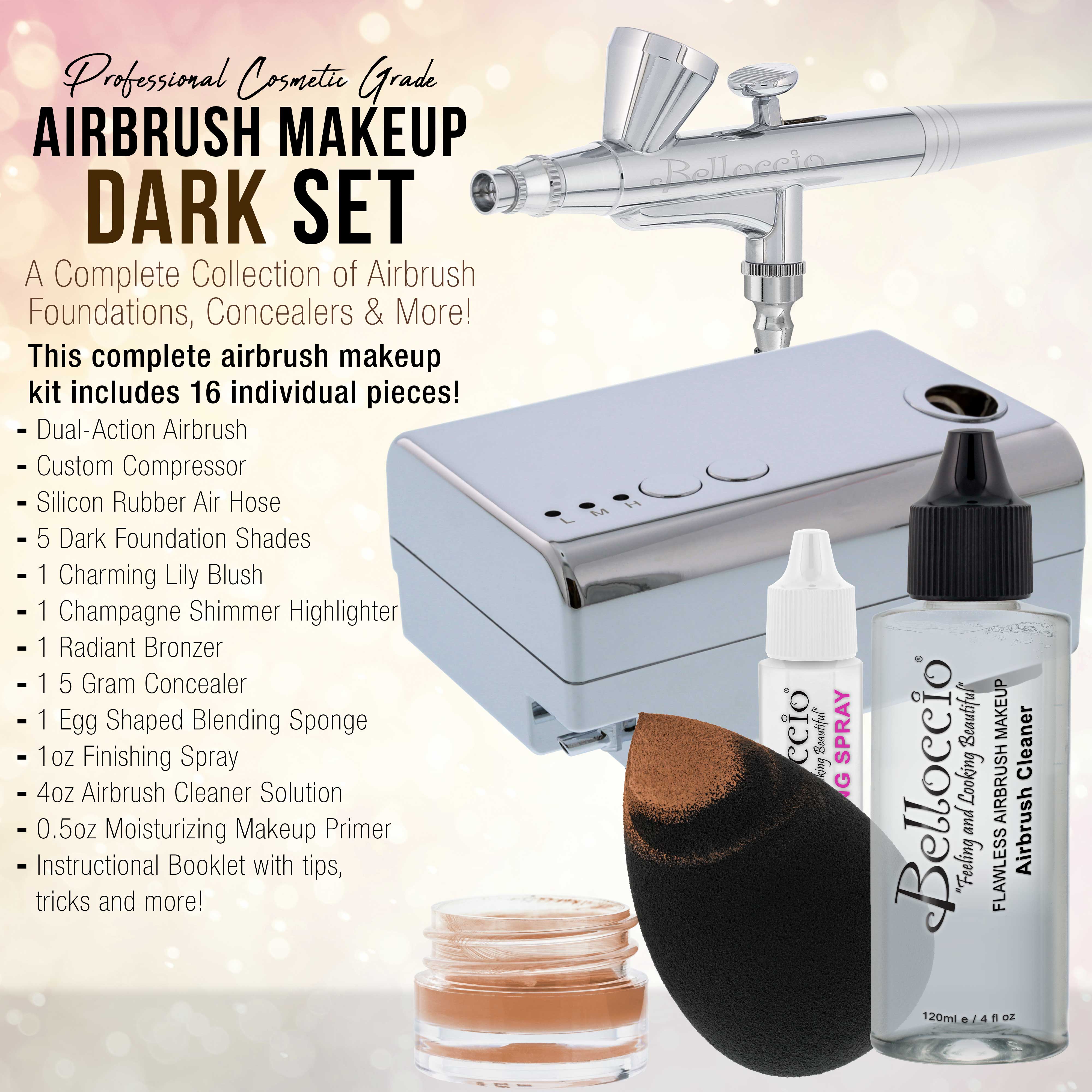 Belloccio Professional Airbrush Makeup Kit with 5 Dark Shade Liquid Foundations (1/4 oz Bottles) - Flawless Full Face Coverage for Bridal, Photography & Special Occasion Makeup