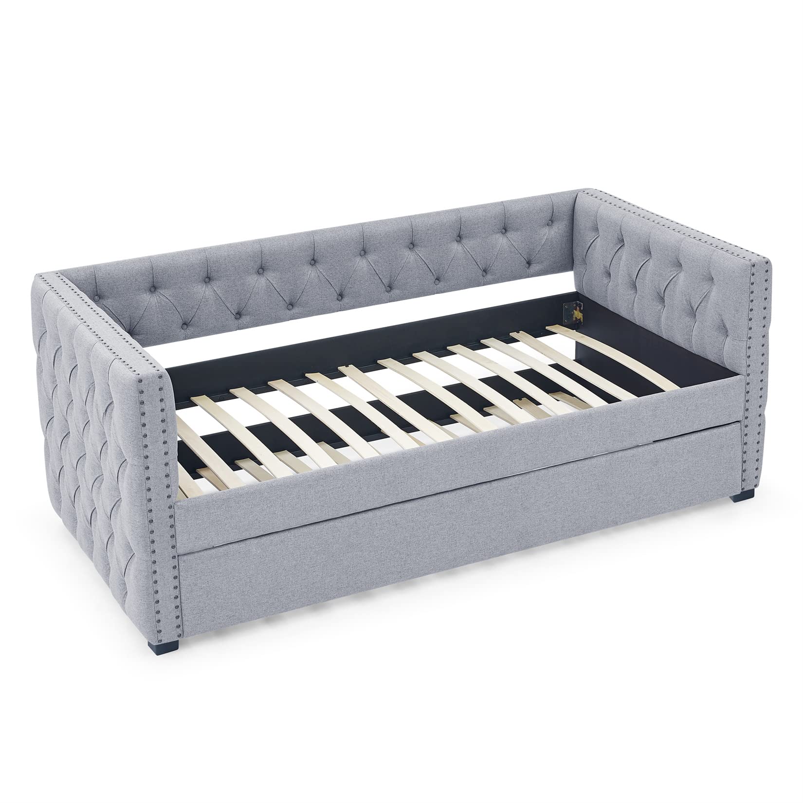 Bellemave Twin Upholstered Daybed with Trundle - Mid Century Modern Tufted Button Sofa Bed Frame with Wood Slats - Gray Twin Size Daybed for Living Room, Guest Room & Small Space