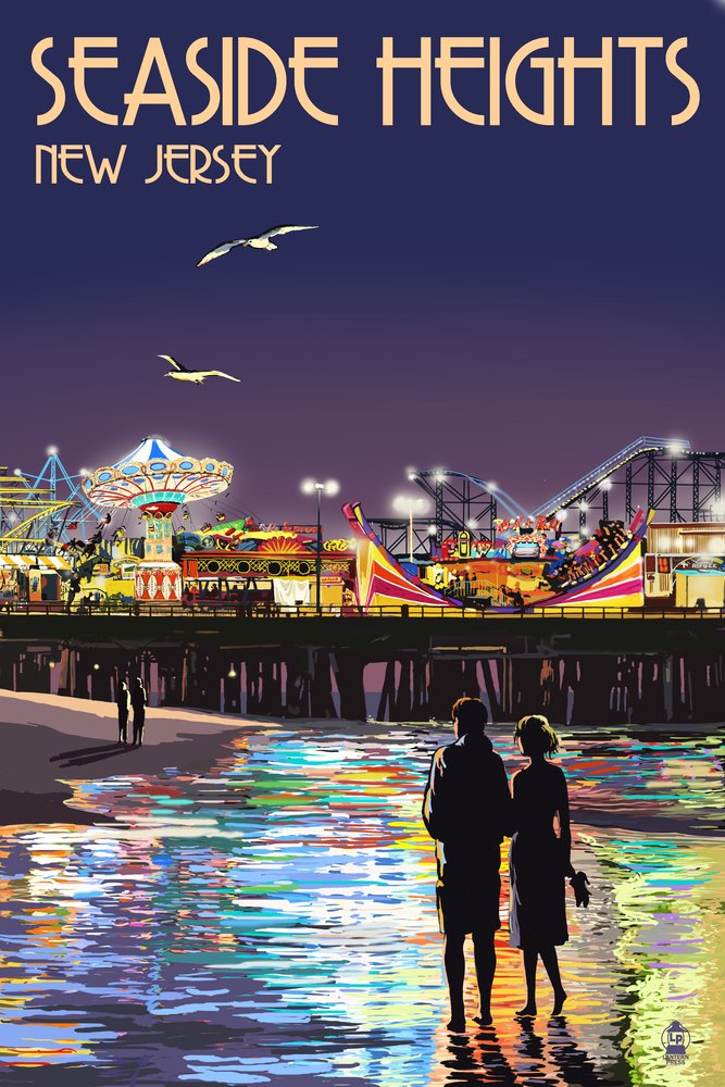 Seaside Heights New Jersey Pier at Night 24x36 Signed Art Print - Coastal Wall Decor Poster for Beach House, Living Room & Office