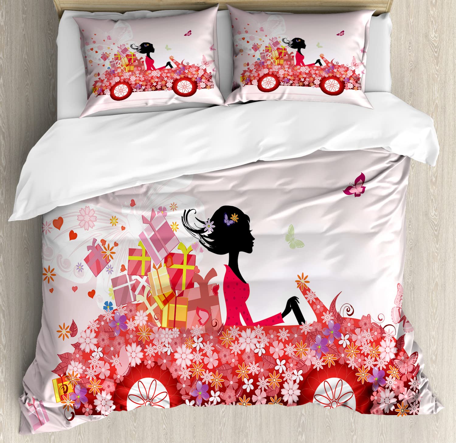 Ambesonne Cars Duvet Cover Set 2-Pack King Size - Floral Car Design with Butterflies, Daisies & Hearts, Pink Dark Coral Black - Includes 2 Duvet Covers & 4 Pillowcases - Perfect for Girls' Bedroom, Teen Room Decor, Birthday Gift & Car Theme Bedding