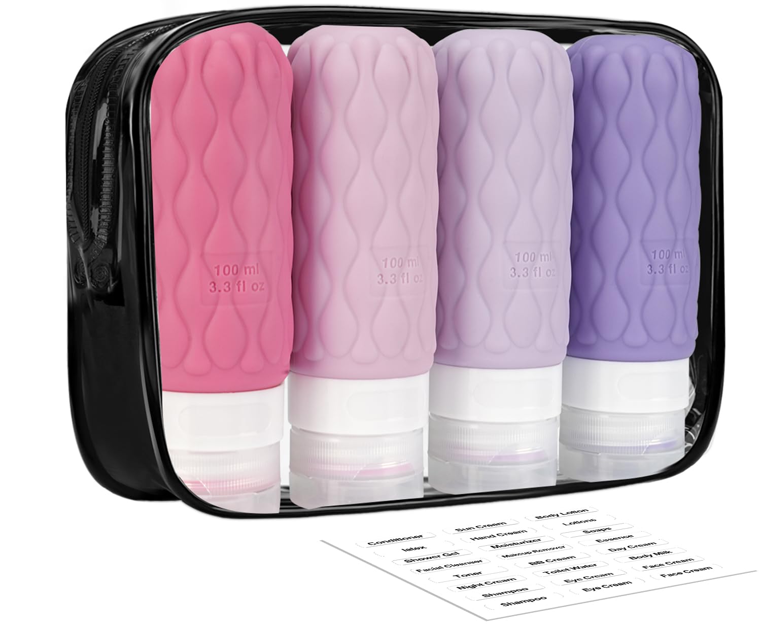 3.4oz 4 Pack TSA Approved Travel Bottles for Toiletries - Leak Proof Silicone Squeezable Containers with Clear Zipper Toiletry Bag - Perfect for Air Travel, Camping & Gym Essentials