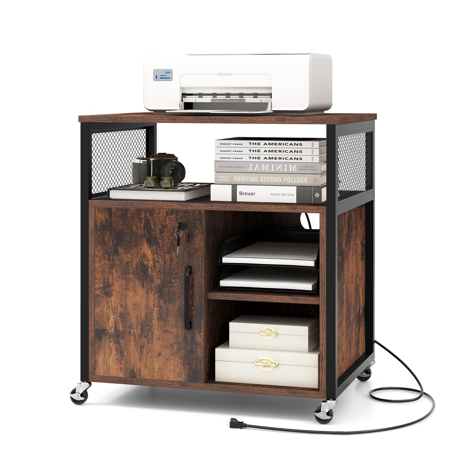 Giantex 4-Drawer Lateral File Cabinet with Lock - Mobile Office Storage Cabinet with Wheels, Charging Station, Cable Management & Adjustable Shelves - Metal Locking File Organizer for Home Office, Small Spaces (Brown) - Perfect for Document Storage, Printer Stand & Workspace Organization