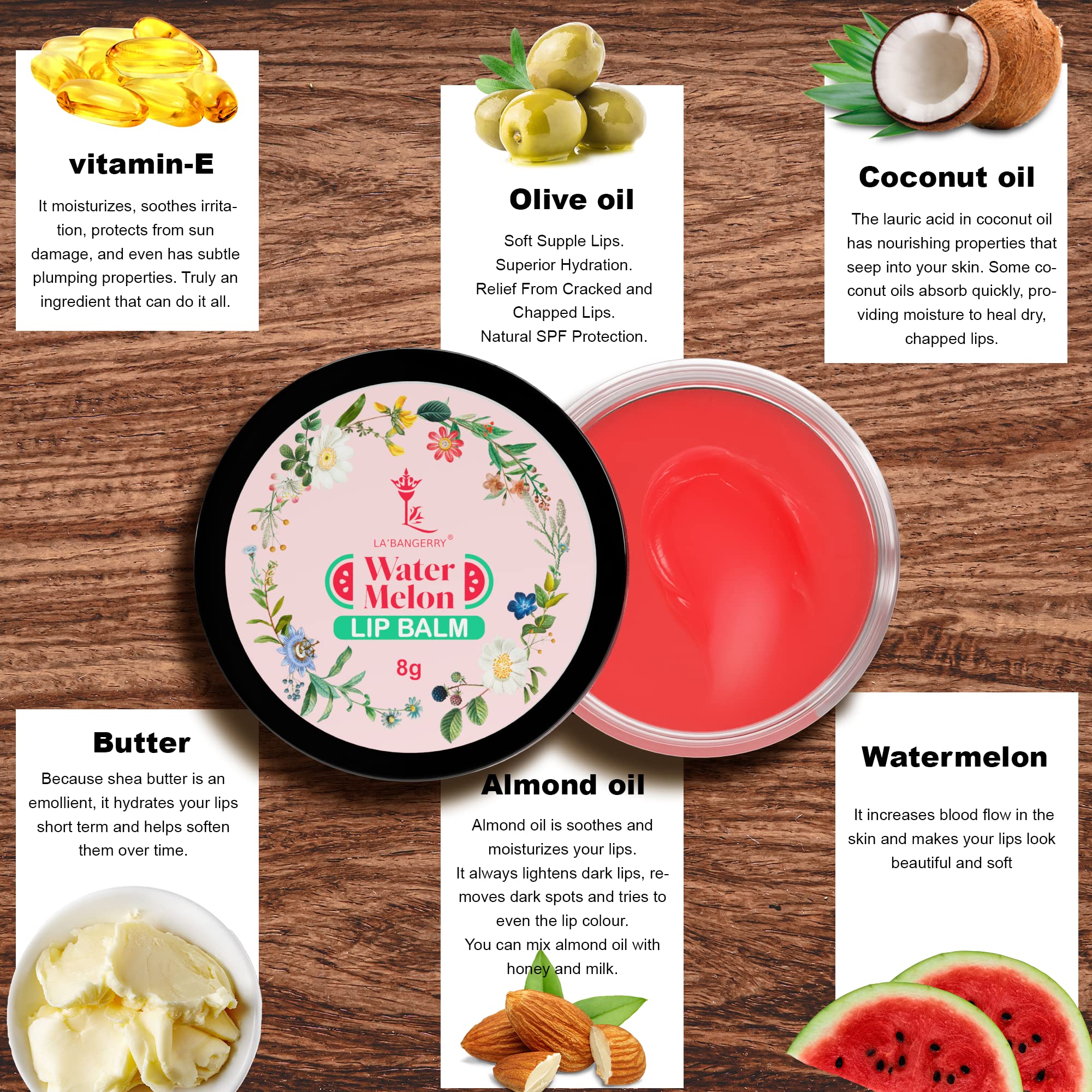 LA'BANGERRY Watermelon Lip Balm for Dry, Damaged & Chapped Lips - Moisturizing Hydration to Remove Tan & Darkened Lips - 8g Lip Care for Women & Men - Perfect for Winter Protection & Daily Lip Care