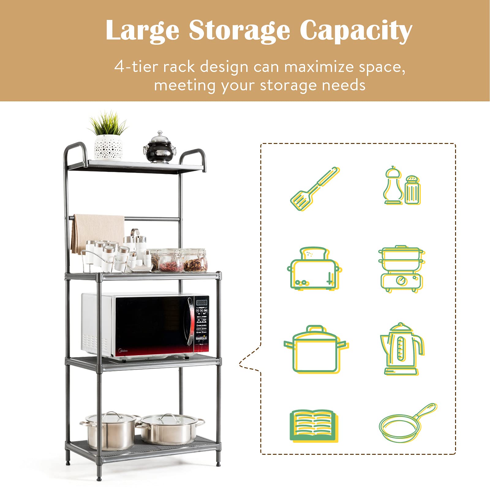 PETSITE 4-Tier Metal Baker's Rack with Microwave Stand - Kitchen Storage Shelf for Spices, Pots & Pans - Space-Saving Grey Utility Rack for Small Kitchens, Apartments & Dorm Rooms