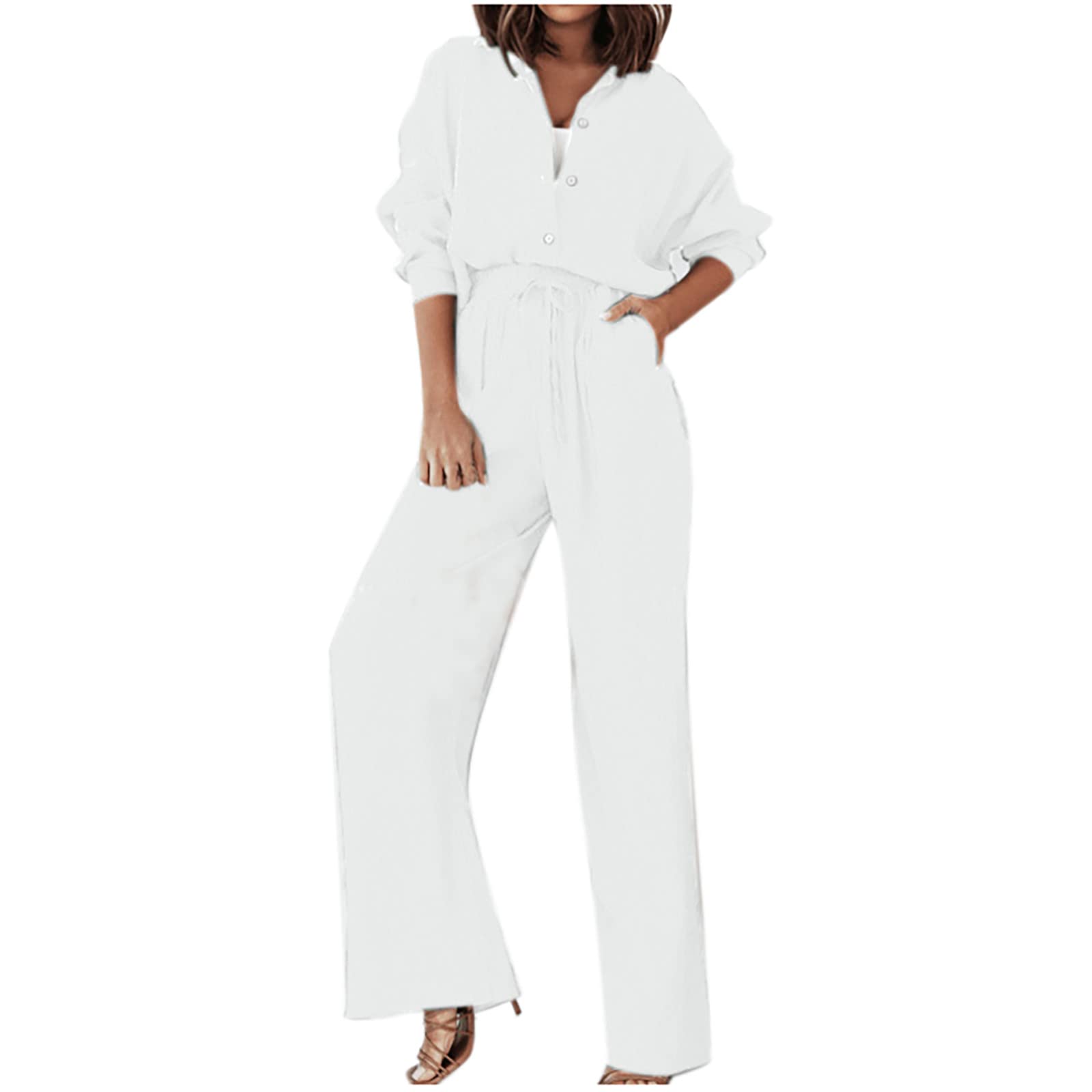 2 Piece Women's Lounge Sets - Soft Long Sleeve Button Down Shirts & Wide Leg Pants Loungewear with Pockets | Comfortable Outfit for Home, Yoga & Relaxation