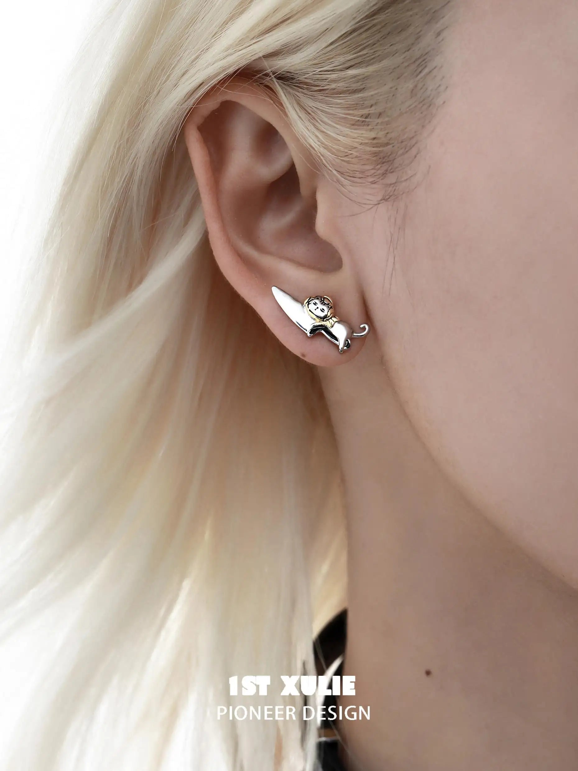 Graffiti Kitten Puppy S925 Sterling Silver Stud Knife Earrings - Trendy Punk Jewelry for Women & Girls - Perfect for Parties, Concerts & Gifts