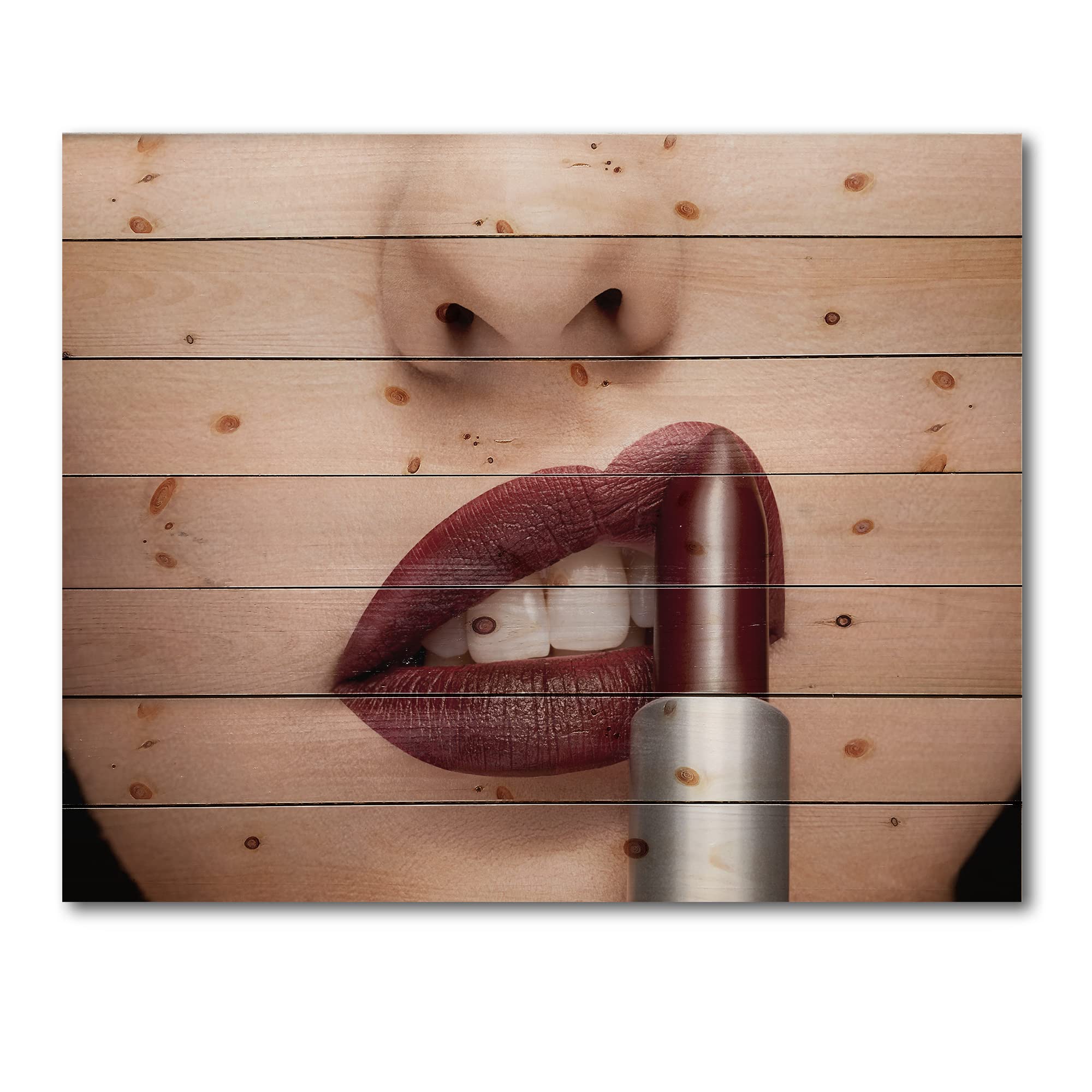 Modern Red Lipstick Woman Wood Wall Art - Contemporary Large People Wood Panel Decor Printed on Natural Pine - Perfect for Living Room, Bedroom & Office Decor