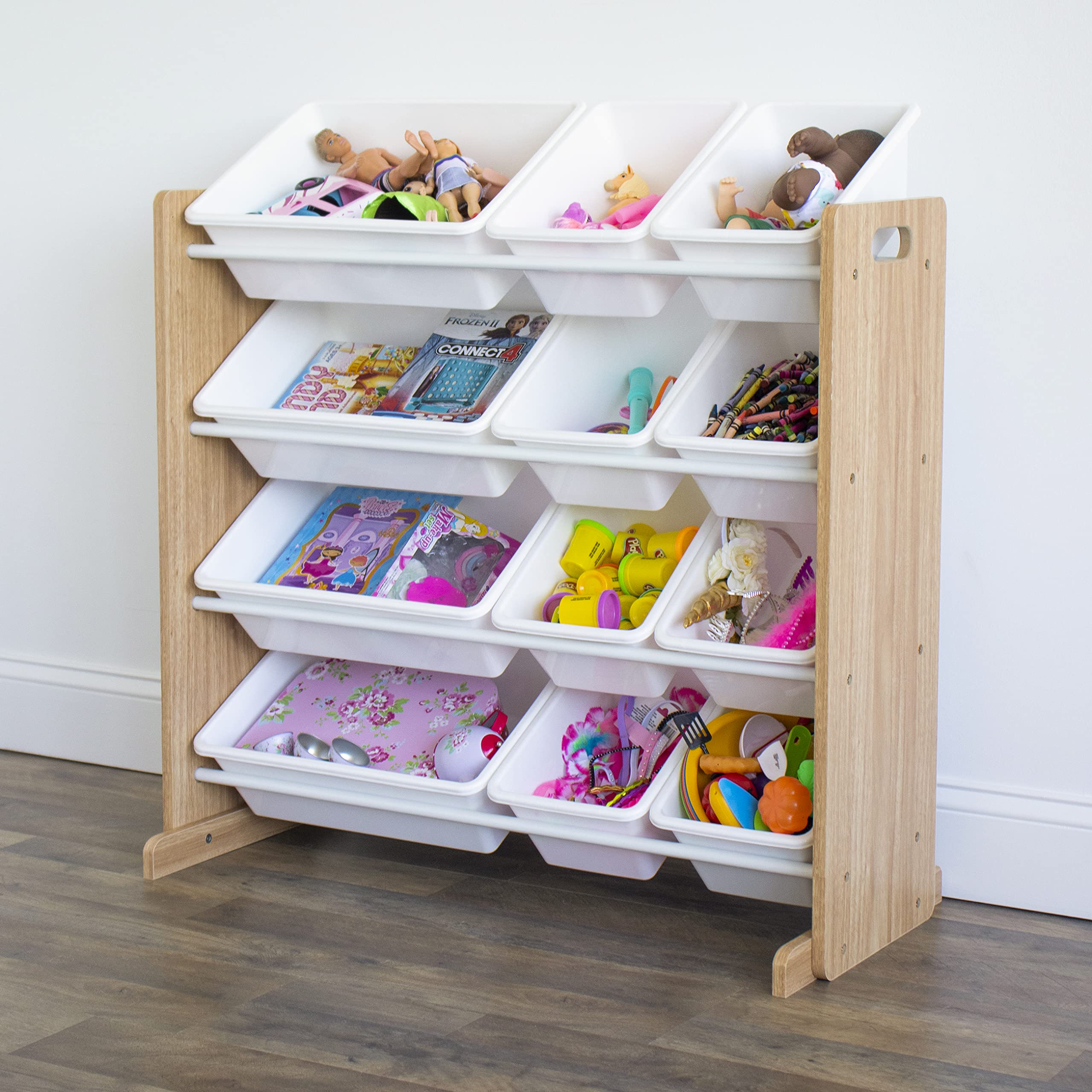 Humble Crew Natural Wood & White 4-Tier Kids Toy Organizer with 12 Storage Bins - Universal Bookshelf with Deep Sleeves for Nursery, Playroom & Bedroom Organization
