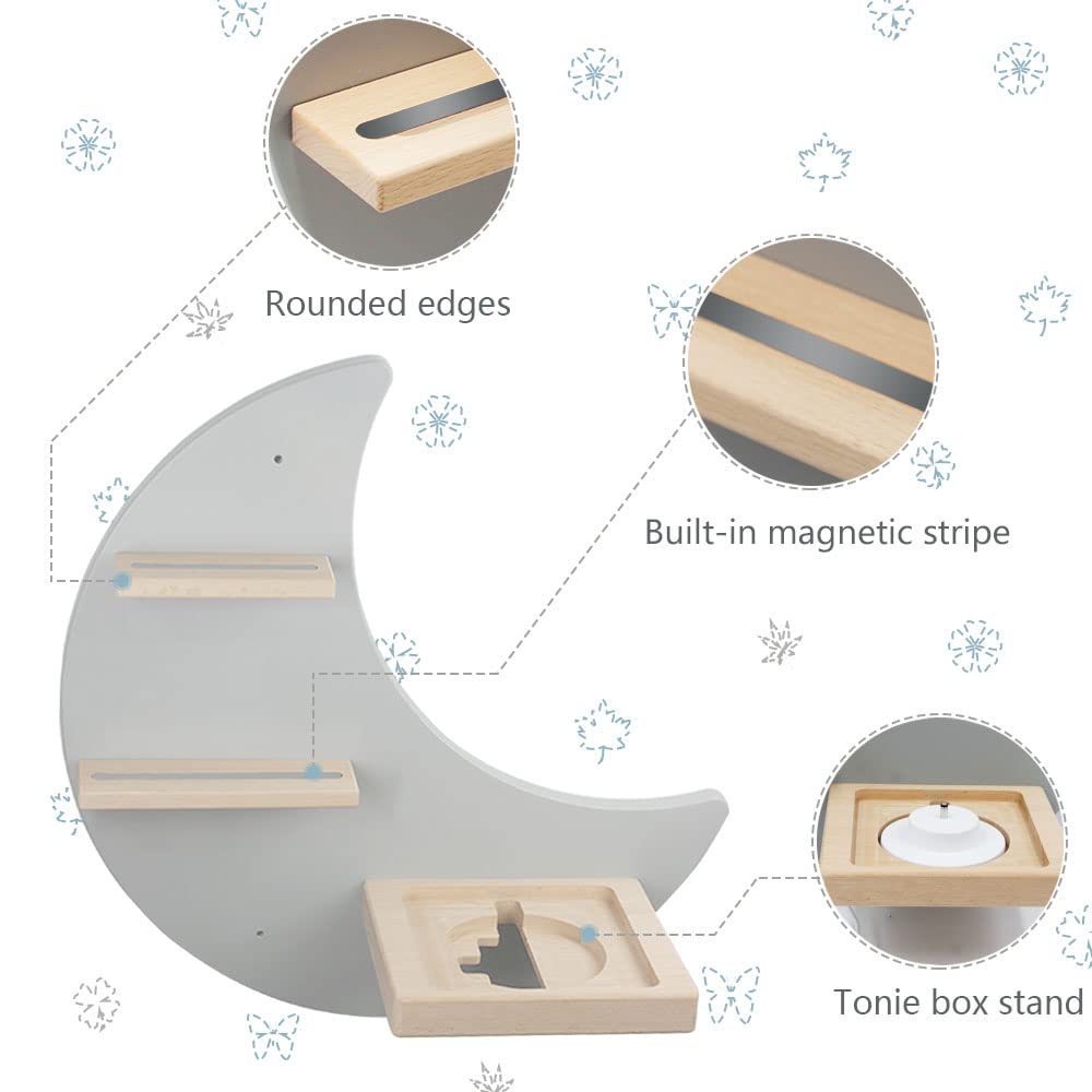 Sun3drucker Floating Shelf Wall Mounted Set of 4 (Moon & Stars) - Magnetic Wooden Shelves for Toniebox Starter Set & Figures | Space-Themed Nursery Decor for Kids Room Organization & Display