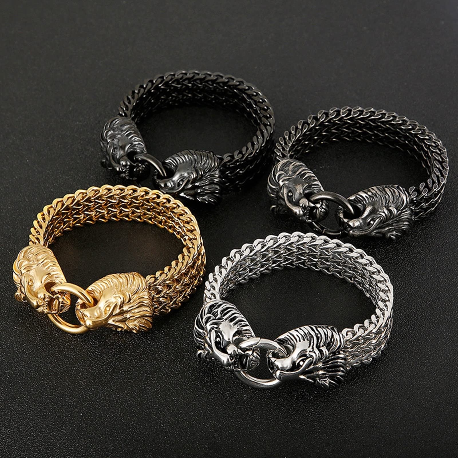 Men's Punk Bracelet - Black Stainless Steel Skull Lion Wolf Head Bracelet for Men | Trendy Gothic Jewelry for Casual & Party Wear