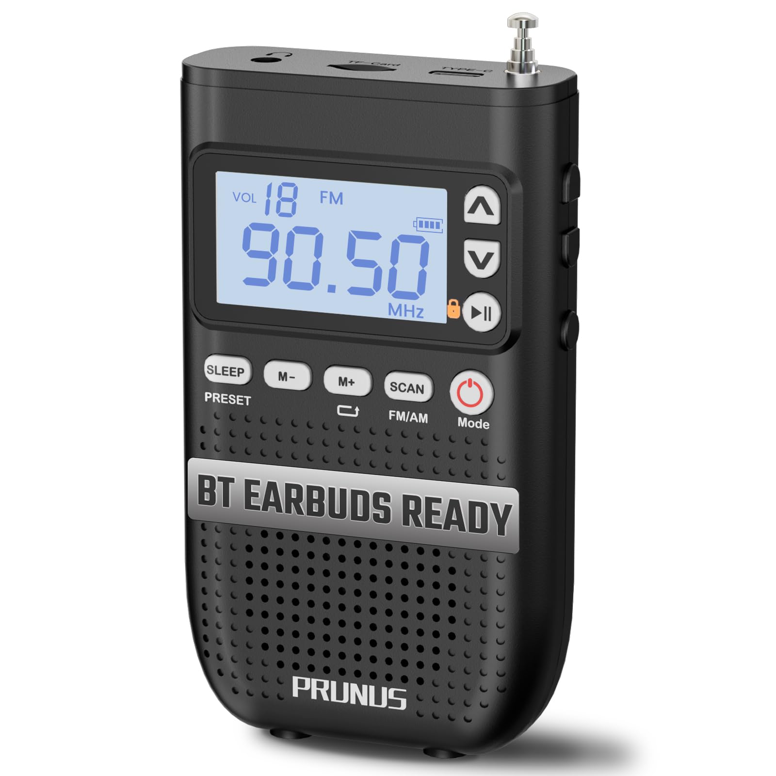 PRUNUS Portable AM FM Bluetooth Radio with Built-in Speaker, 2000mAh Rechargeable Battery, TF Card Playback, Headphone Jack & Sleep Timer - Perfect for Home, Office, Travel and Outdoor Activities