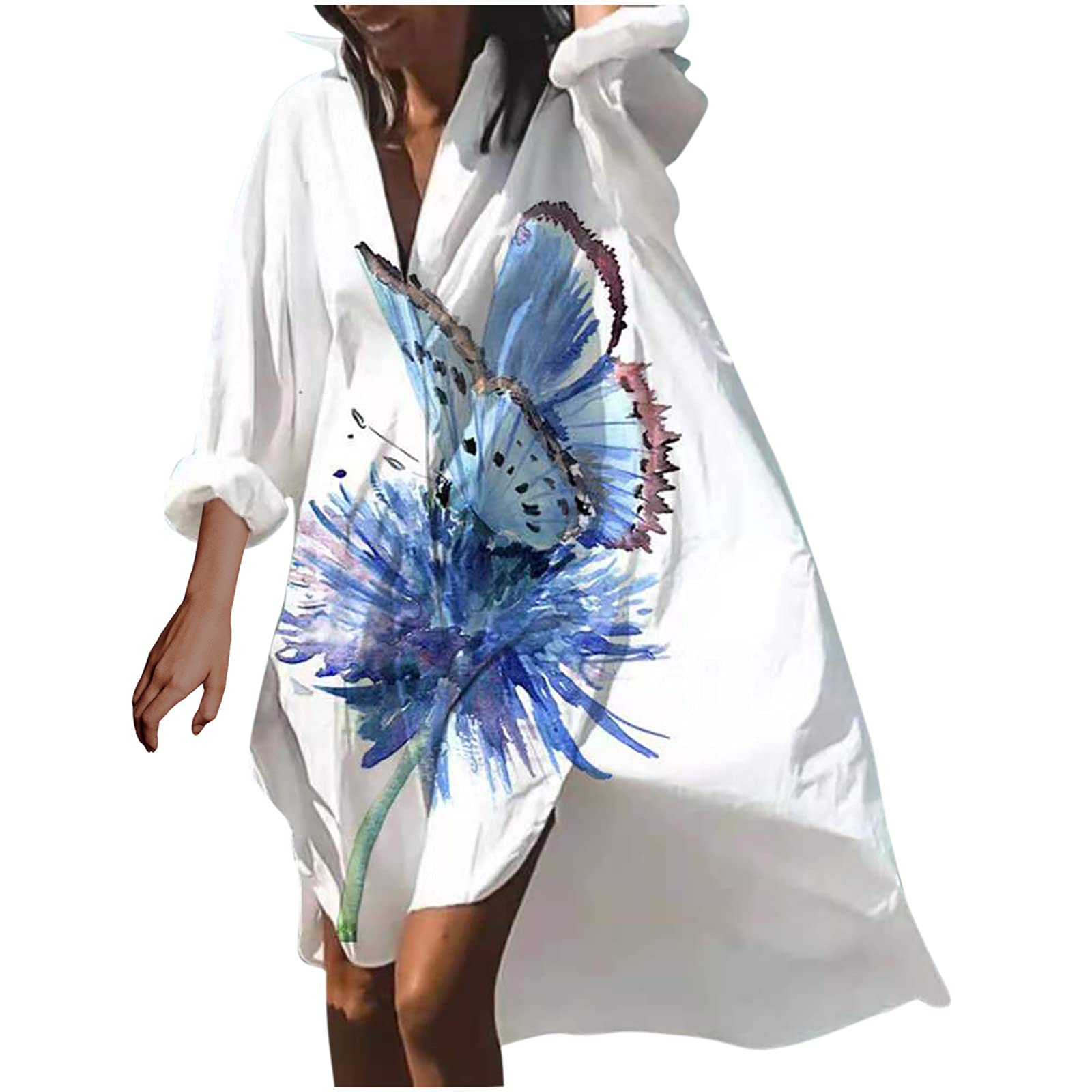 Plus Size Women's Floral Print V-Neck Long Sleeve Wedding Guest Dress - Elegant Irregular Hem Loose Sundress in Blue | Perfect for Weddings, Parties & Special Occasions