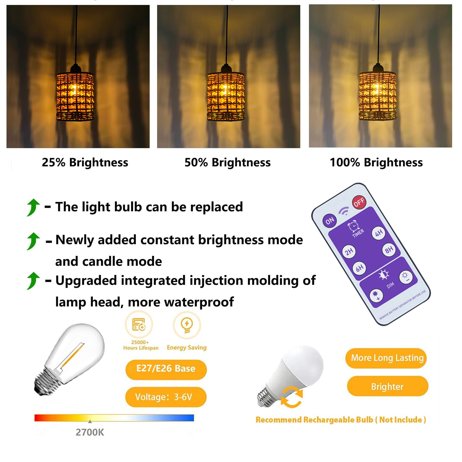 2X Battery Operated Pendant Light Outdoor Chandelier with LED Bulb & Rattan Shade - Waterproof Hanging Lamp for Gazebo, Porch, Patio, Backyard, Bedroom, Kitchen - Powered by 4 AA Batteries - Perfect for Romantic Dinners, Outdoor Entertaining & Cozy Ambiance