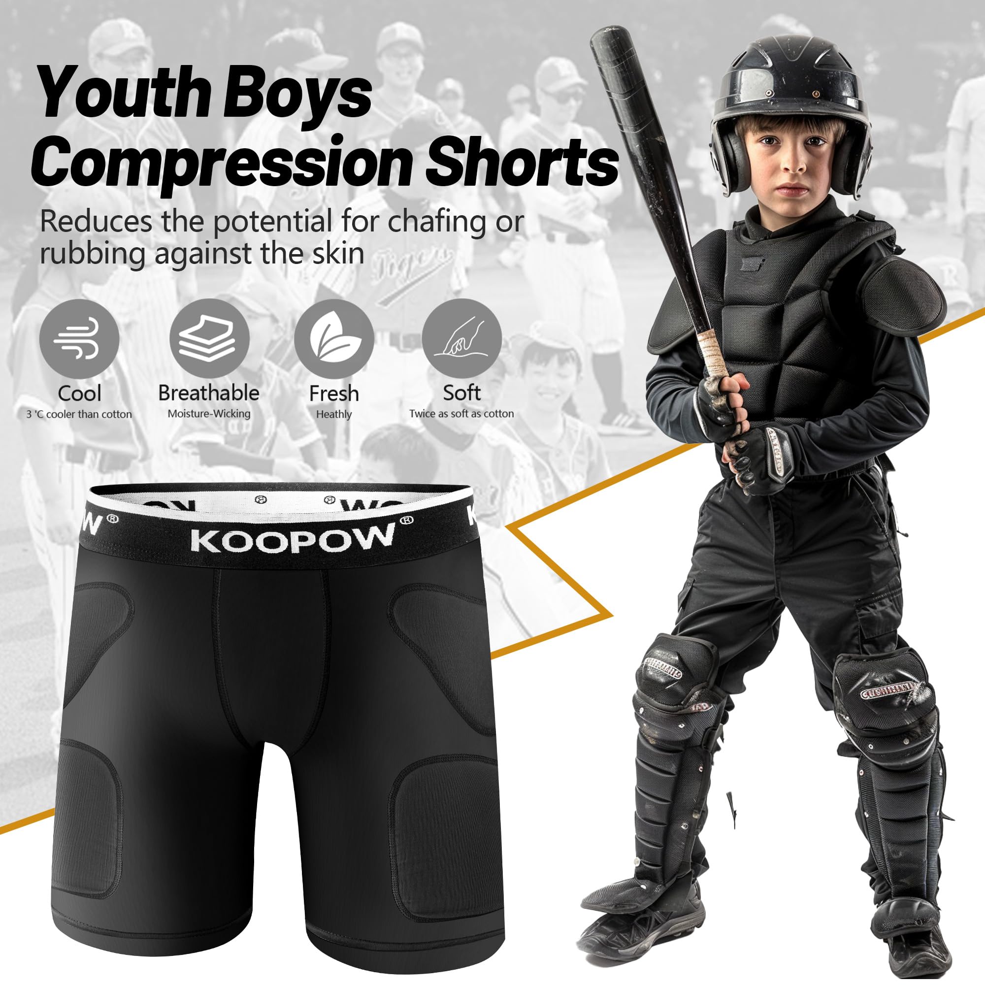 KOOPOW Youth Boys Padded Sliding Shorts with Soft Protective Athletic Cup - Baseball Football Lacrosse Protective Gear for Kids - Perfect for Training, Games & Sports Safety