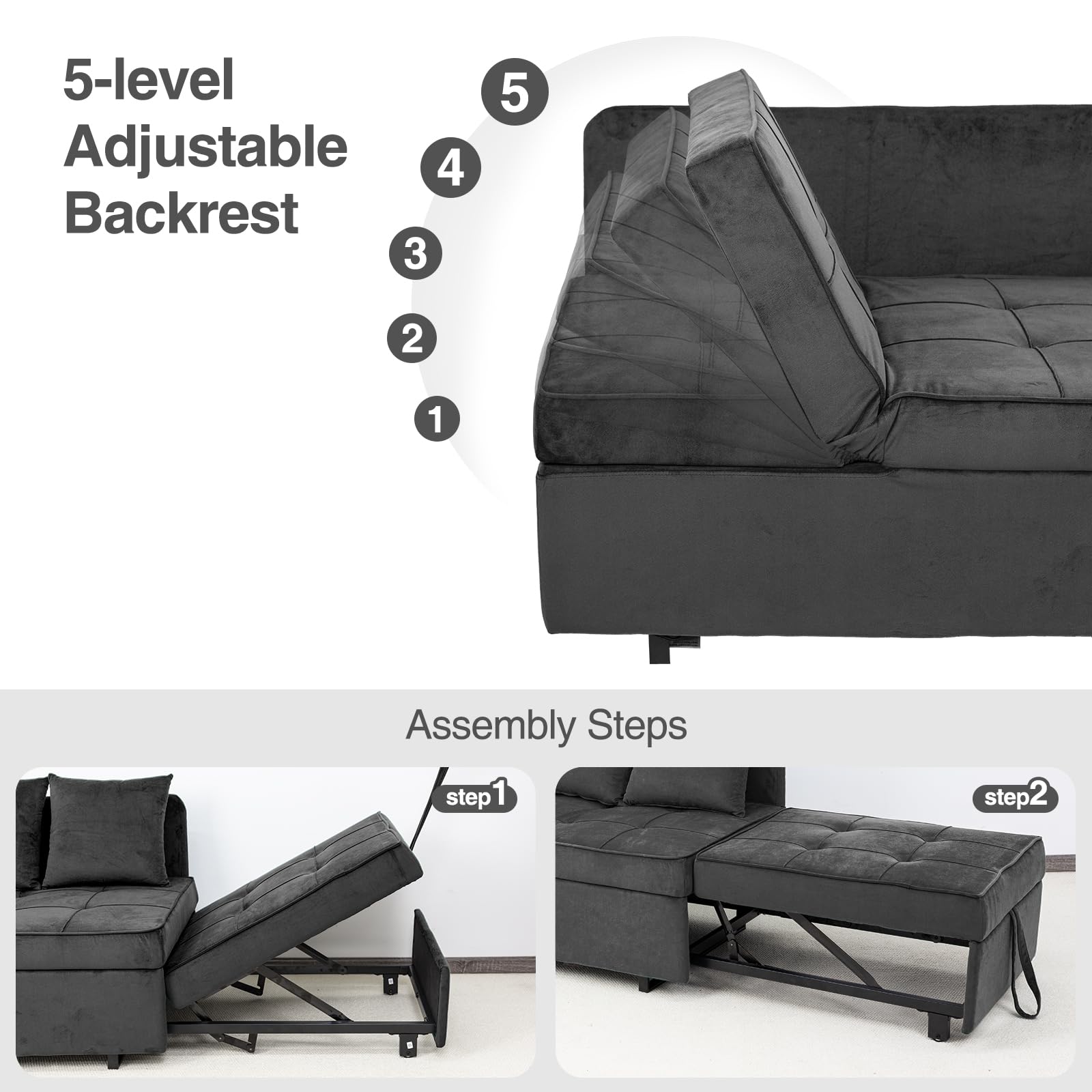 4-in-1 Convertible Velvet Sofa Bed with USB Ports - Sleeper Sofa Chair, Pull Out Futon Couch & Ottoman Bed - 5 Adjustable Backrest & Pillow - Dark Grey for Small Spaces, Living Room, Guest Room & Studio Apartments