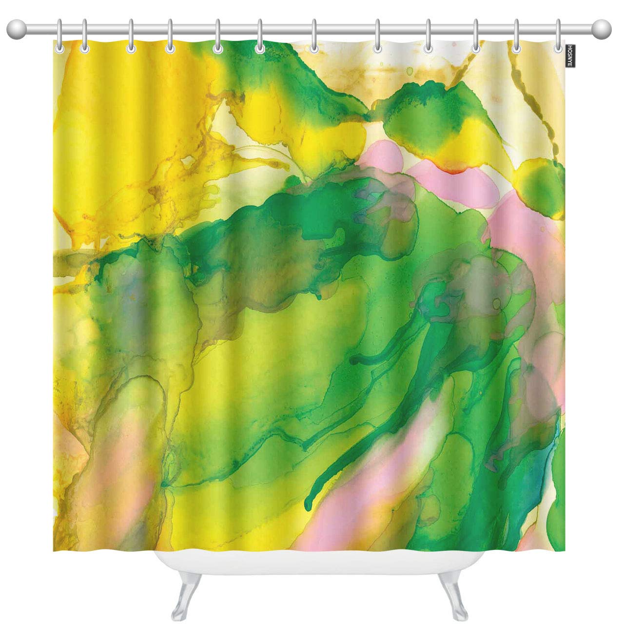 Modern Abstract Watercolor Shower Curtain Set - Green & Yellow Artistic Bathroom Decor with 12 Hooks, 72x78 Inch | Waterproof & Mold Resistant for Stylish Bathroom Upgrade