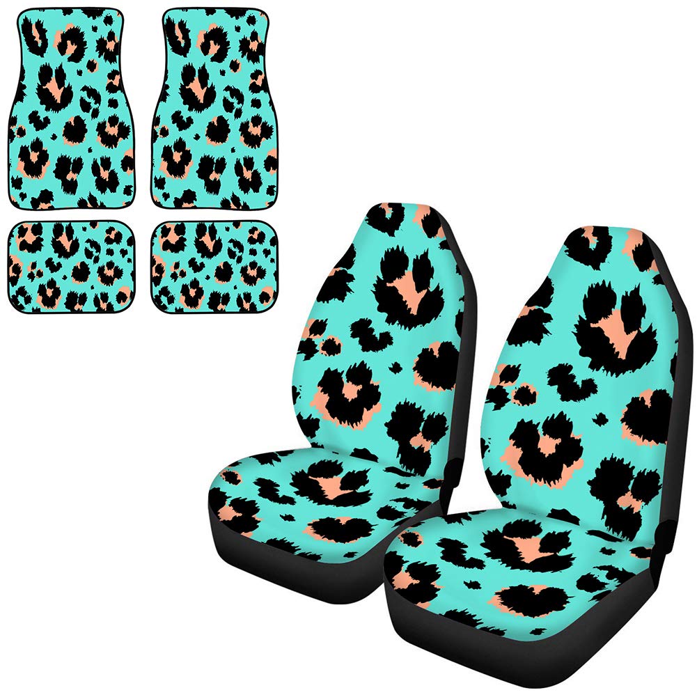 Premium Mint Green Leopard Print Car Seat Covers & Floor Mats Set - Universal Fit for Cars, SUVs, Trucks - Wild Cheetah Animal Design Interior Accessories Gift for Women | Perfect for Road Trips, Daily Commutes & Car Protection