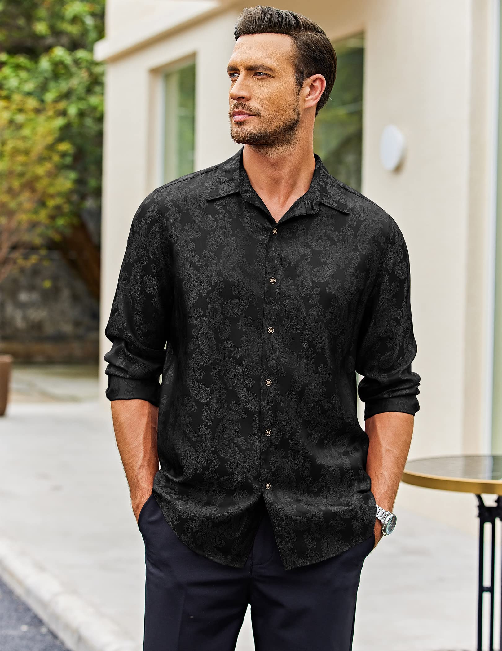 COOFANDY Men's Silk Satin Dress Shirt - Long Sleeve Floral Printed Formal Shirt | Paisley Button Down for Wedding, Party & Prom | Perfect for Business Meetings & Special Occasions