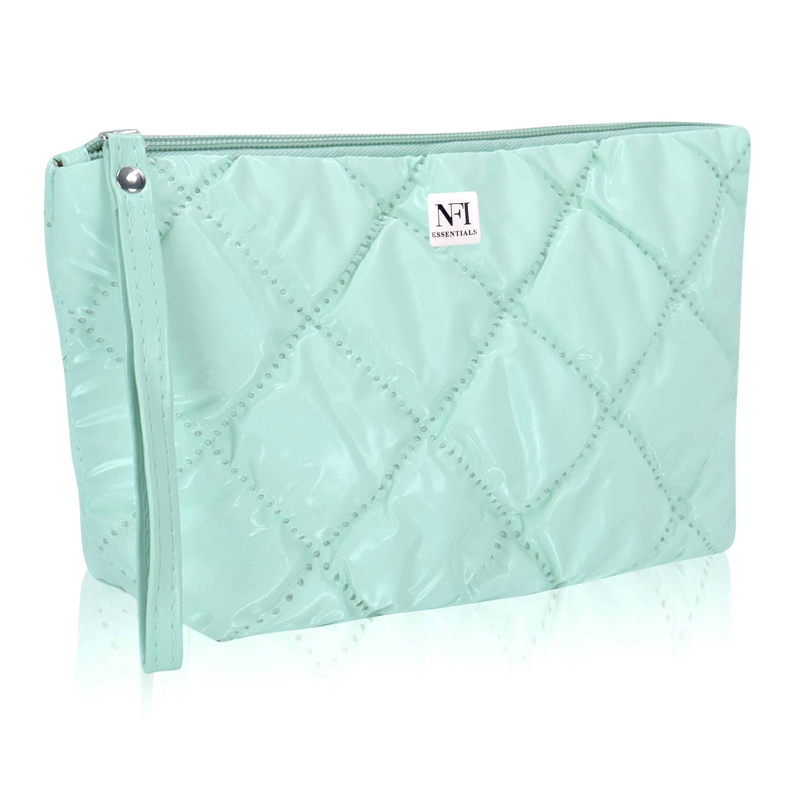 NFI Essentials Multipurpose Quilted Cosmetic Pouch for Women - Checkered Puffy Makeup Bag with Zipper, Portable Travel Toiletry Organizer with Handle | Perfect for Travel, Gym & Daily Essentials Storage