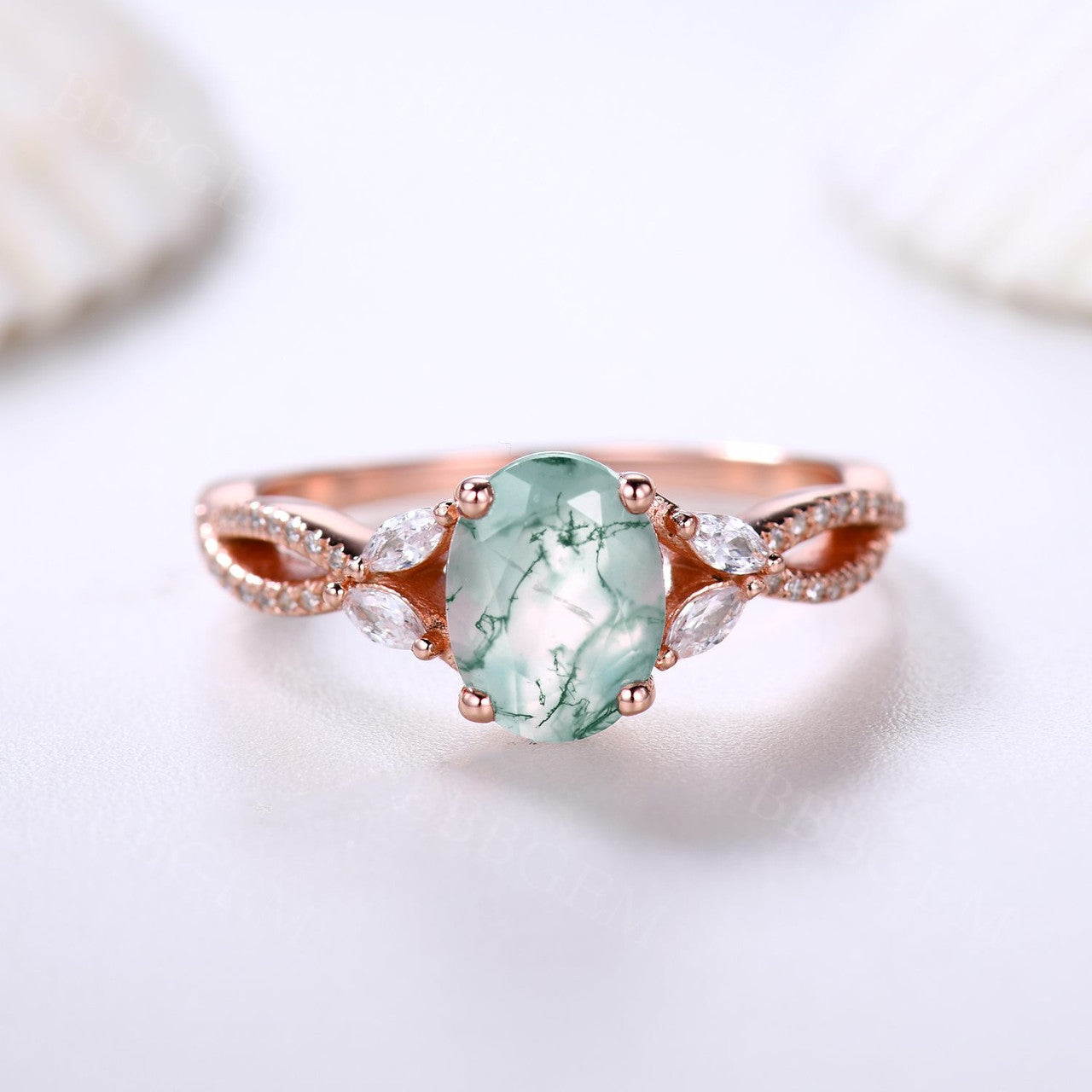 14K Pink Gold Oval Cut Moss Agate Engagement Ring with Marquise Moissanite Infinity Band - Elegant Wedding Ring for Women, Perfect for Proposals, Anniversaries & Special Occasions