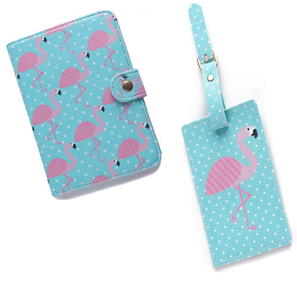 Premium Passport Holder with Luggage Tag & Card Slots - Travel Wallet Document Organizer with Snap Closure - Flamingo Design for Vacation, Business Trips & International Travel Accessories