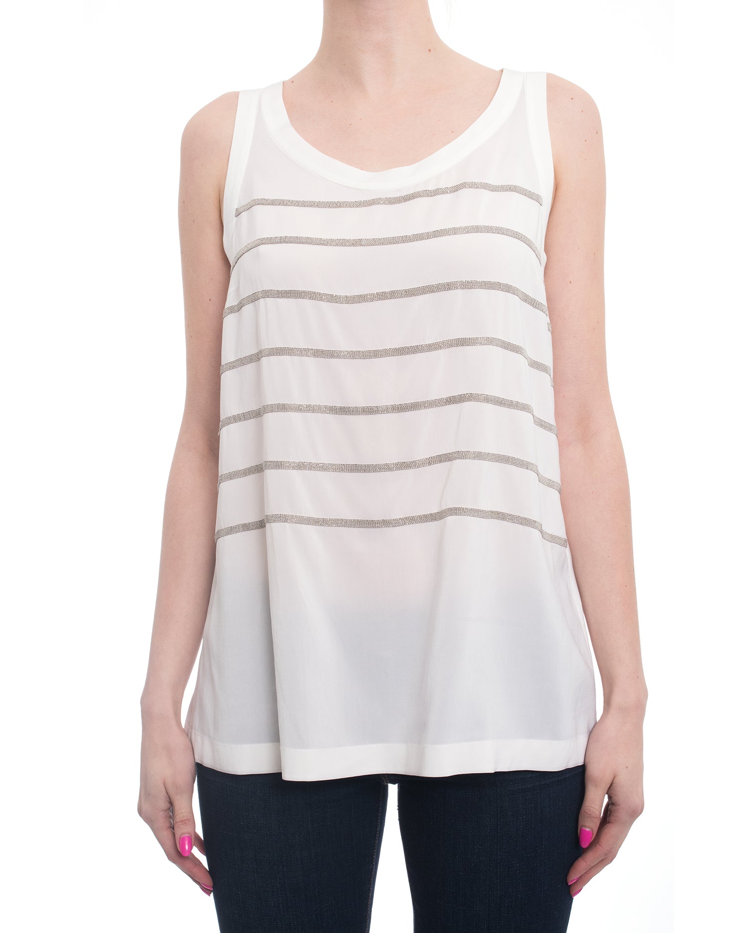 Brunello Cucinelli Women's White Silk Blend Tank Top with Bead Stripes - Size M | Elegant Summer Blouse for Casual Outings & Evening Events
