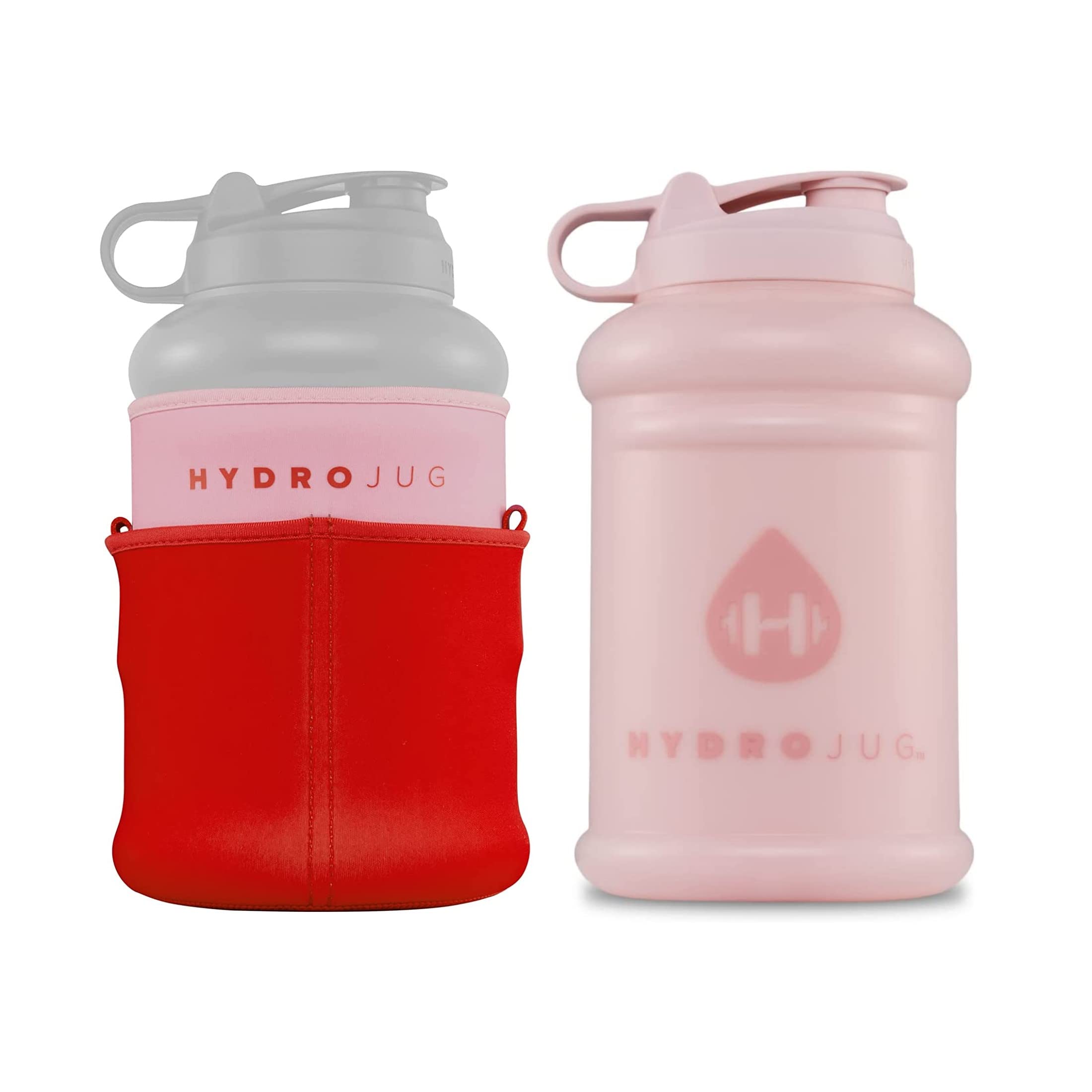 HydroJug 64oz Half Gallon Water Bottle with Insulated Neoprene Sleeve - BPA Free, Reusable, Durable Water Jug with Handle & Removable Shoulder Strap (Pink Sand + Pink & Red) - Perfect for Gym, Hiking, Workouts and Outdoor Activities