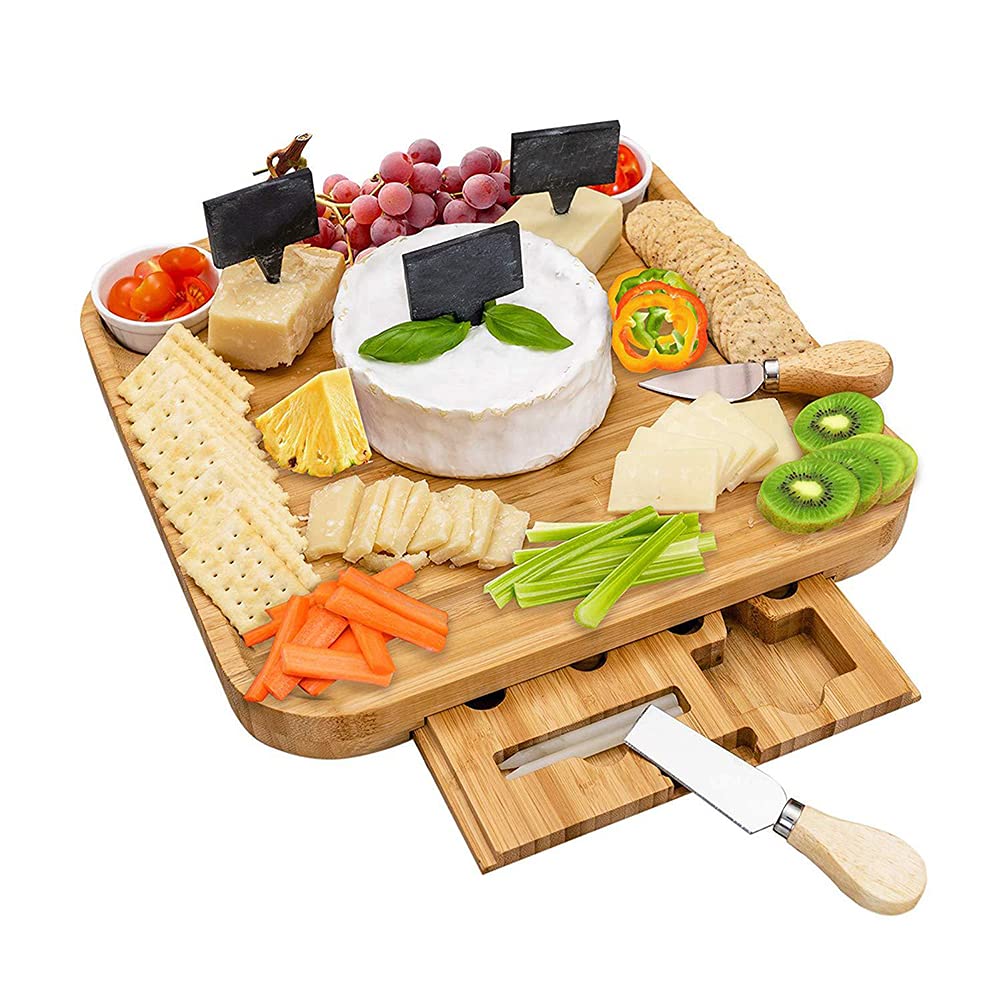 Premium Bamboo Cheese Board Set with Knives - Charcuterie Serving Tray, Wooden Cutting Board & Platter for Entertaining - Perfect for Wine Pairings, Charcuterie Nights & Dinner Parties