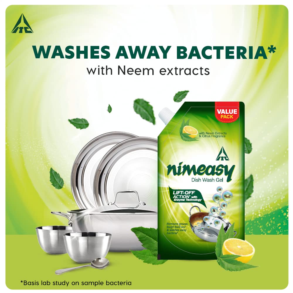 Nimeasy Dishwashing Liquid Gel Refill Value Pack - 900ml Enzyme-Powered Kitchen & Utensil Cleaner with Neem Extracts & Citrus Fragrance | Tough Grease Removal for Pots, Pans & Dishes