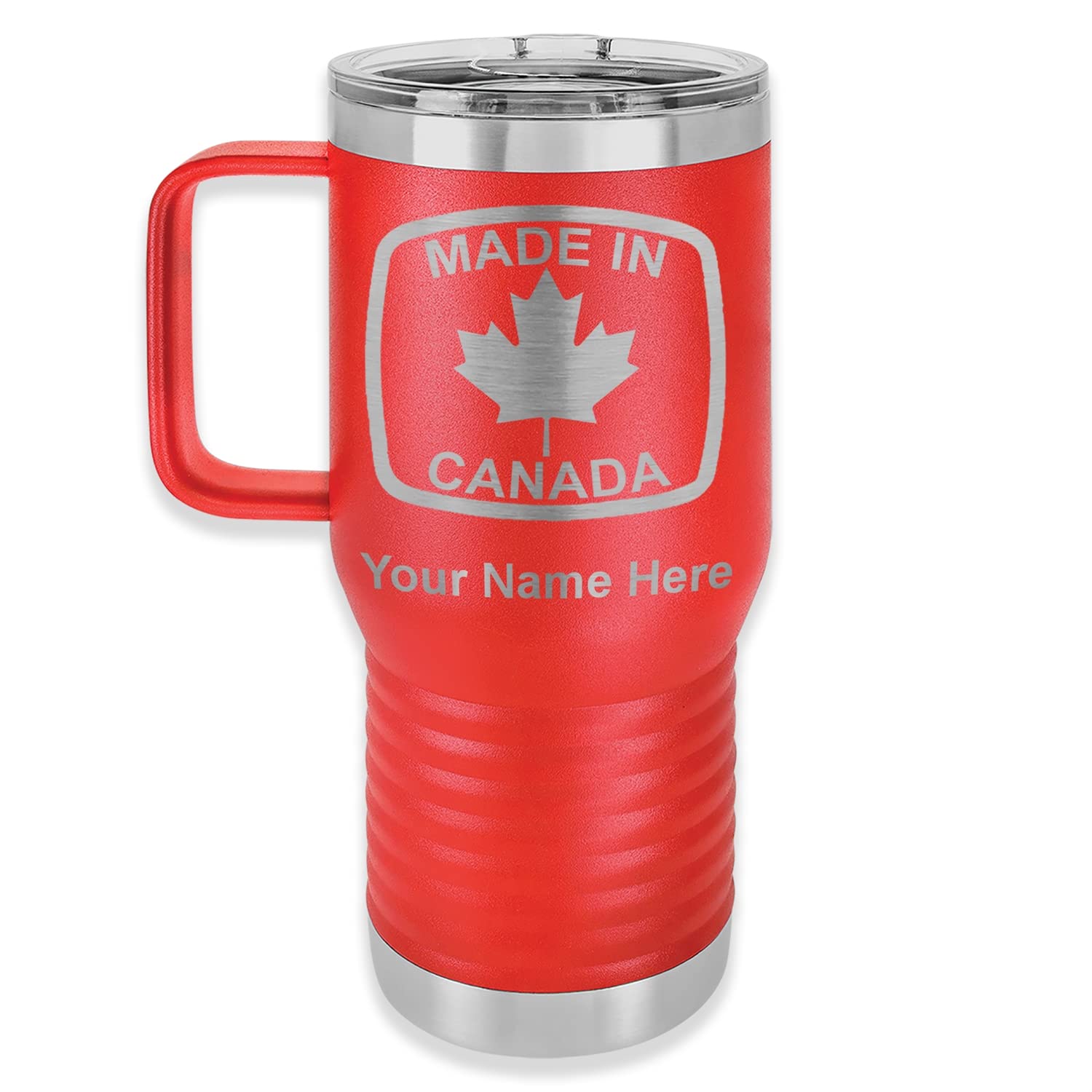 LaserGram 20oz Vacuum Insulated Stainless Steel Travel Mug with Handle - Leak Proof Coffee Tumbler for Hot & Cold Drinks - Personalized Engraving Gift - Made in Canada (Red) - Perfect for Office, Commuting & Outdoor Adventures
