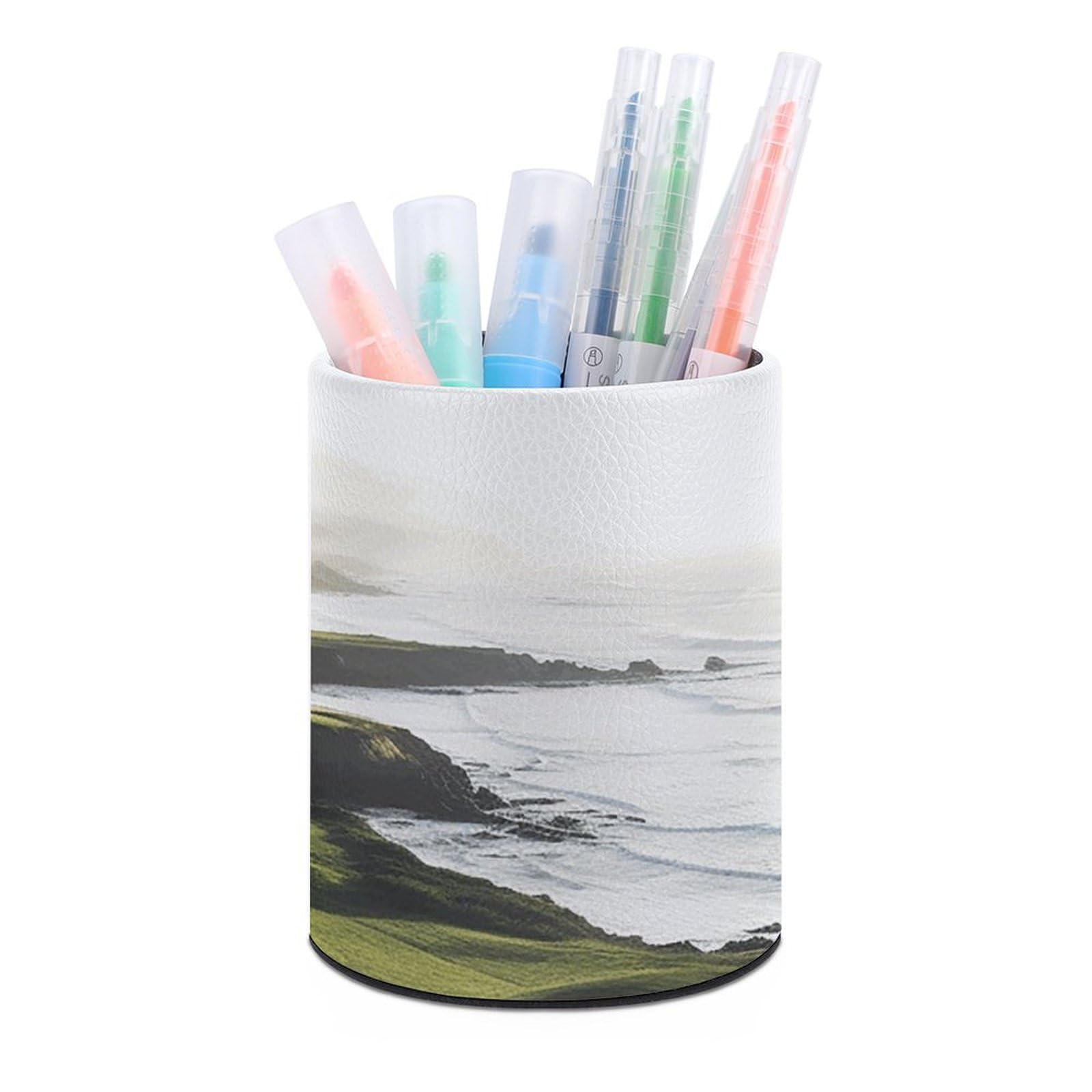 Acrylic Pen Holder with Seaside Golf Course Print - Round Office Desk Organizer for Pens & Pencils | Perfect for Home, Office, and Golf Lover's Workspace