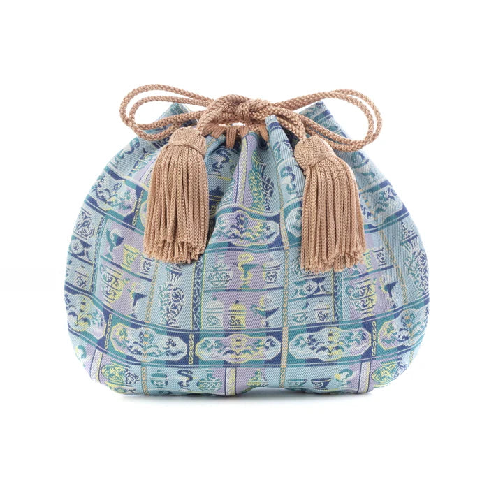 Nishijin Ori Small Drawstring Bag - Snake & Blue Pattern | Handmade in Kyoto Japan | Traditional Japanese Craft Purse for Coins, Jewelry & Gift Giving
