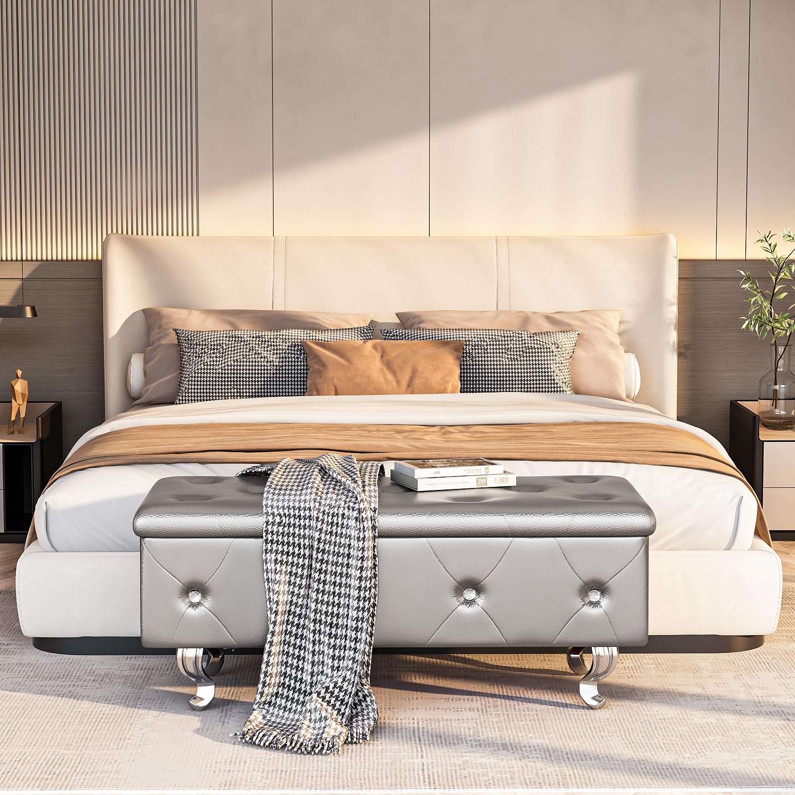DKLGG Leather Storage Ottoman Bench with Seating - Upholstered Footrest Stool for Bedroom, Living Room & Entryway - Silver - Perfect for Extra Seating, Shoe Storage & Home Organization
