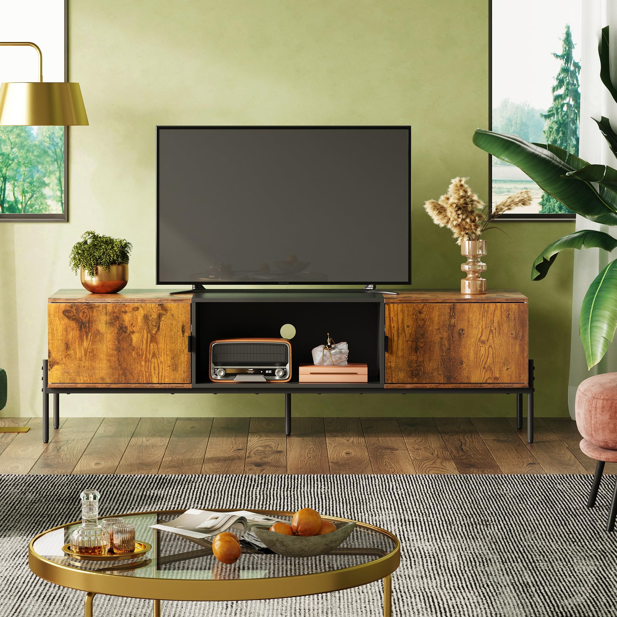 WLIVE 65 Inch Modern TV Stand - Mid Century Entertainment Center with Storage, Open Shelf & 2 Cabinets - Rustic Brown TV Console with Metal Legs for Living Room & Bedroom - Perfect for Home Theater Setup & Media Organization