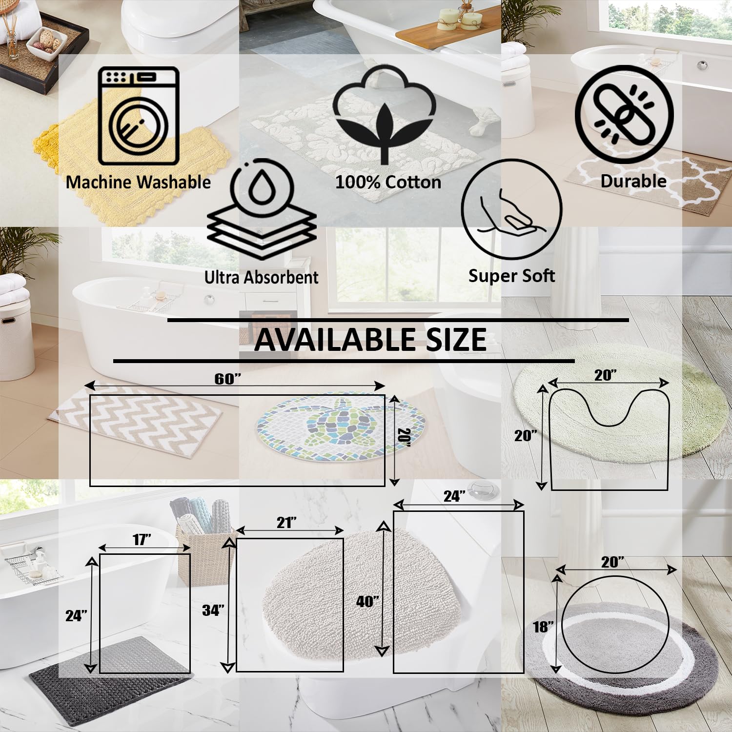 Better Trends 2-Piece Reversible Bathroom Rugs Set - Super Soft & Absorbent for Shower, Tub & Laundry Room