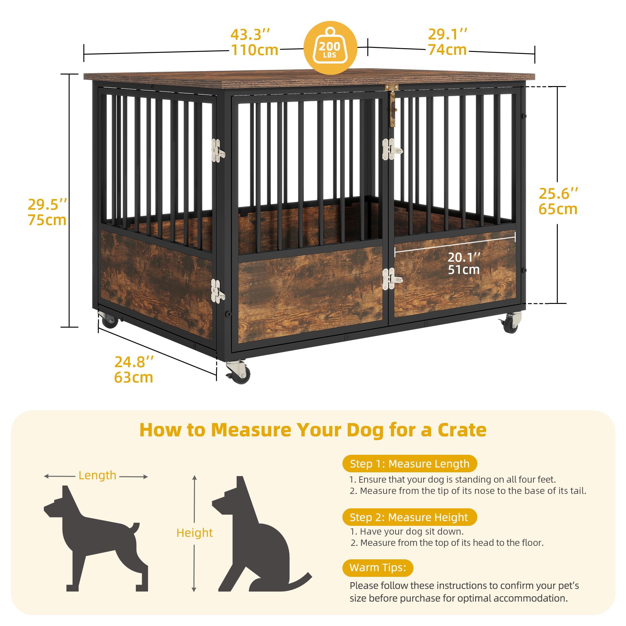 DWVO 43 Inch Rustic Brown Farmhouse Dog Crate Furniture with Wheels - Chew-Resistant Wooden Dog Kennel Indoor End Table with Double Doors | Perfect for Living Room, Bedroom & Home Decor
