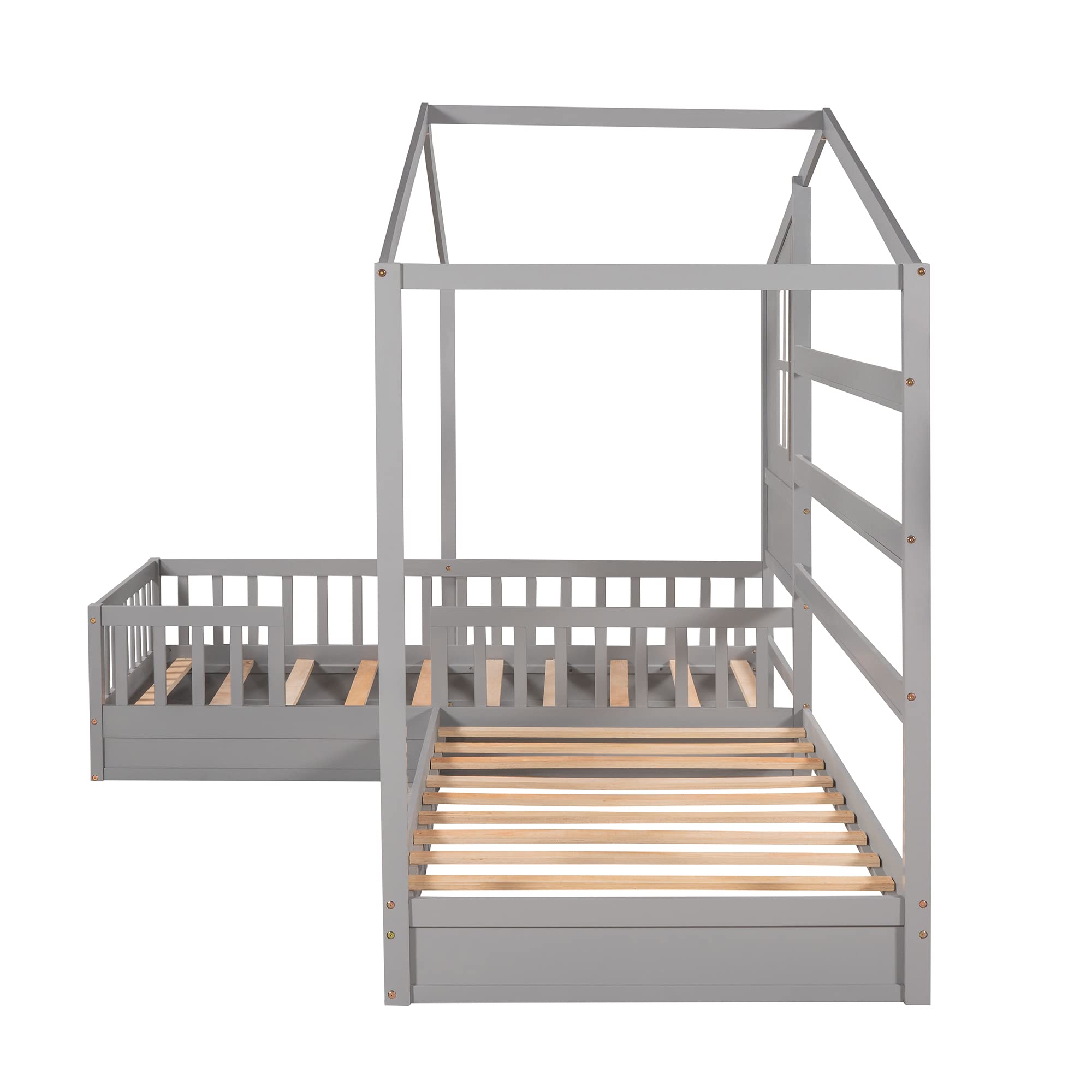 MERITLINE L-Shaped Twin Beds for Kids - Wooden Bunk Beds with Safety Fence & Playhouse Roof - Space-Saving Corner Bedroom Furniture for Siblings - No Box Spring Needed (Gray) - Perfect for Shared Kids' Rooms & Small Spaces