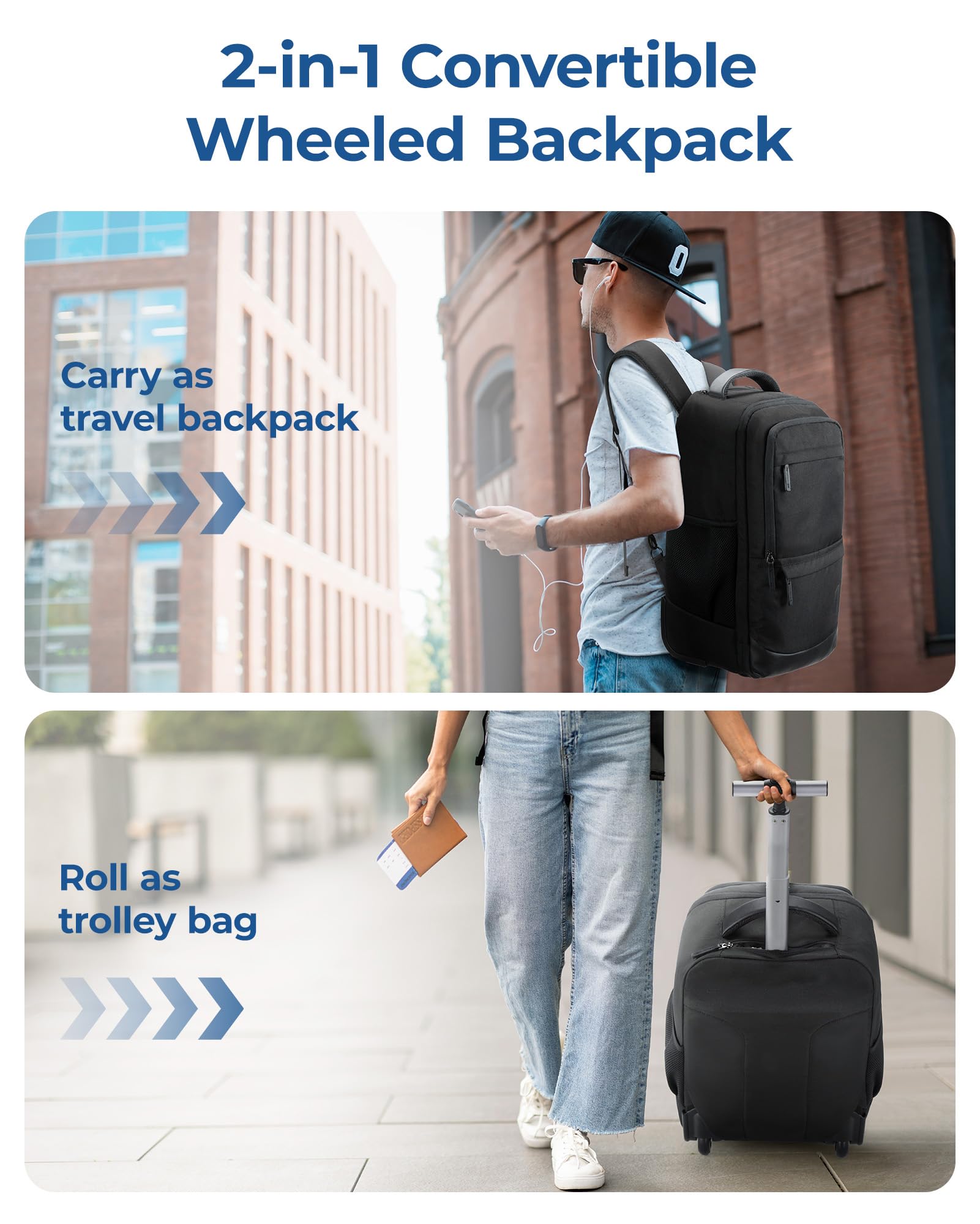 BAGSMART Rolling Travel Backpack - Water-Resistant Wheeled Laptop Backpack for Adults & College Students, 17 Inch Large Carry-On Luggage with 2 Packing Cubes (Black) - Perfect for Air Travel, Business Trips & Campus Commutes
